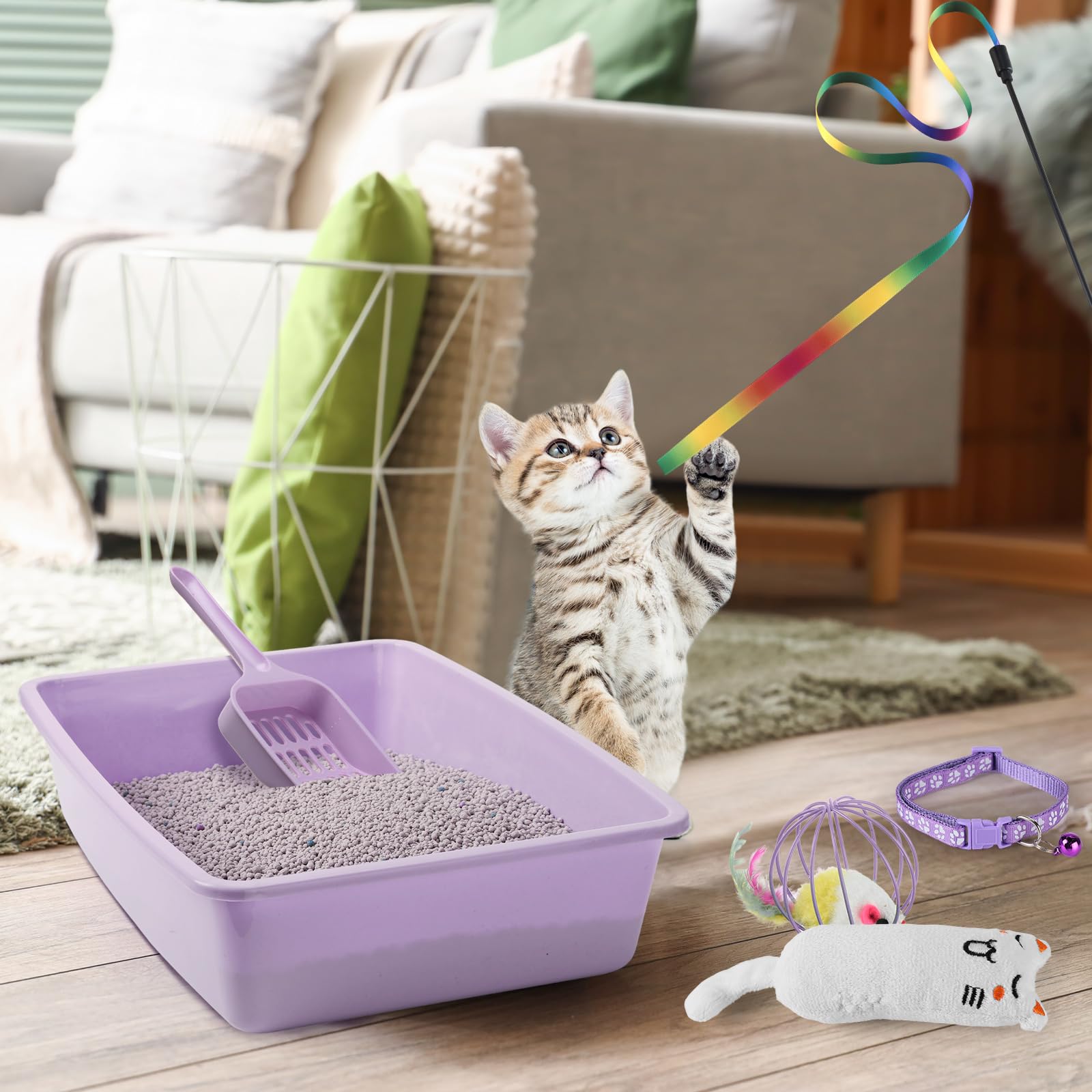 7 Pcs Small Cat Kitten Starter Kit Cat Litter Box with Shovel Paw Litter Mat Double Automatic Kitten Bowls Toy Teaser Stick Collar Essentials Kits for 1-3 Lbs Beginner(Simple,Blue)