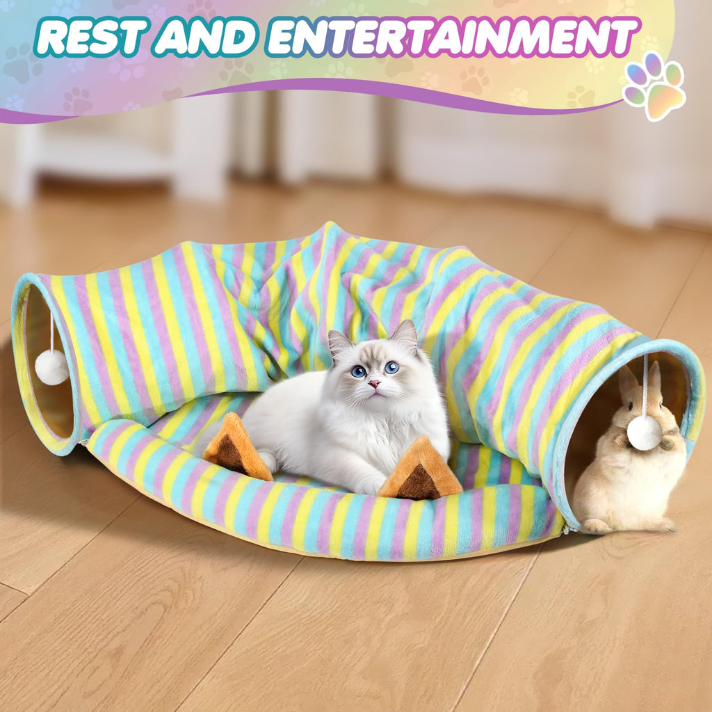 Spardar Bunny Tunnel Bed, 2-in-1 Collapsible Tunnel Tubes Toys, Washable, with Removable Mat Hideout, Interactive Toys for Rabbits Chinchilla Hedgehog Guinea Pigs Kitty, Matcha Green