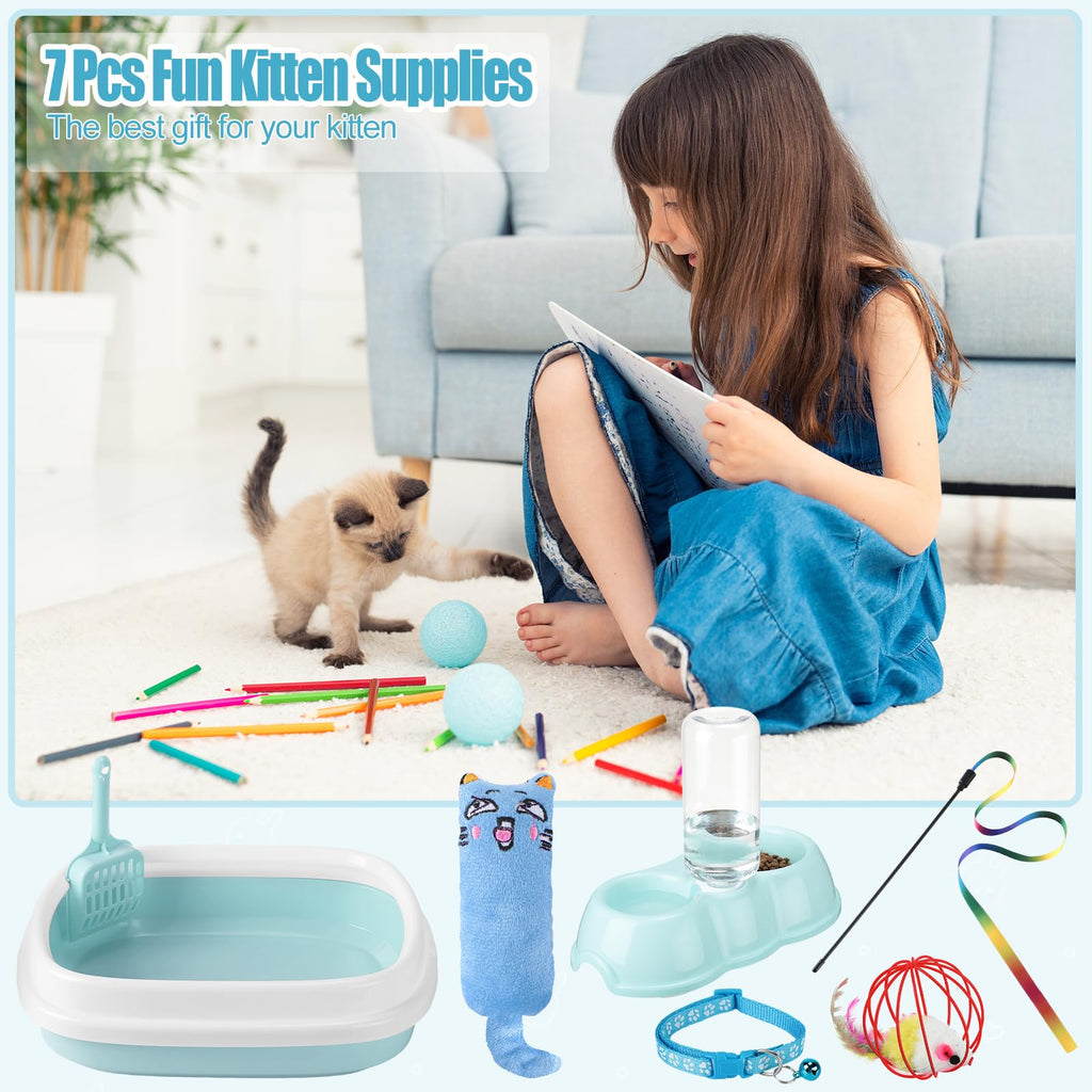 7 Pcs Small Cat Kitten Starter Kit Cat Litter Box with Shovel Paw Litter Mat Double Automatic Kitten Bowls Toy Teaser Stick Collar Essentials Kits for 1-3 Lbs Beginner(Simple,Blue)