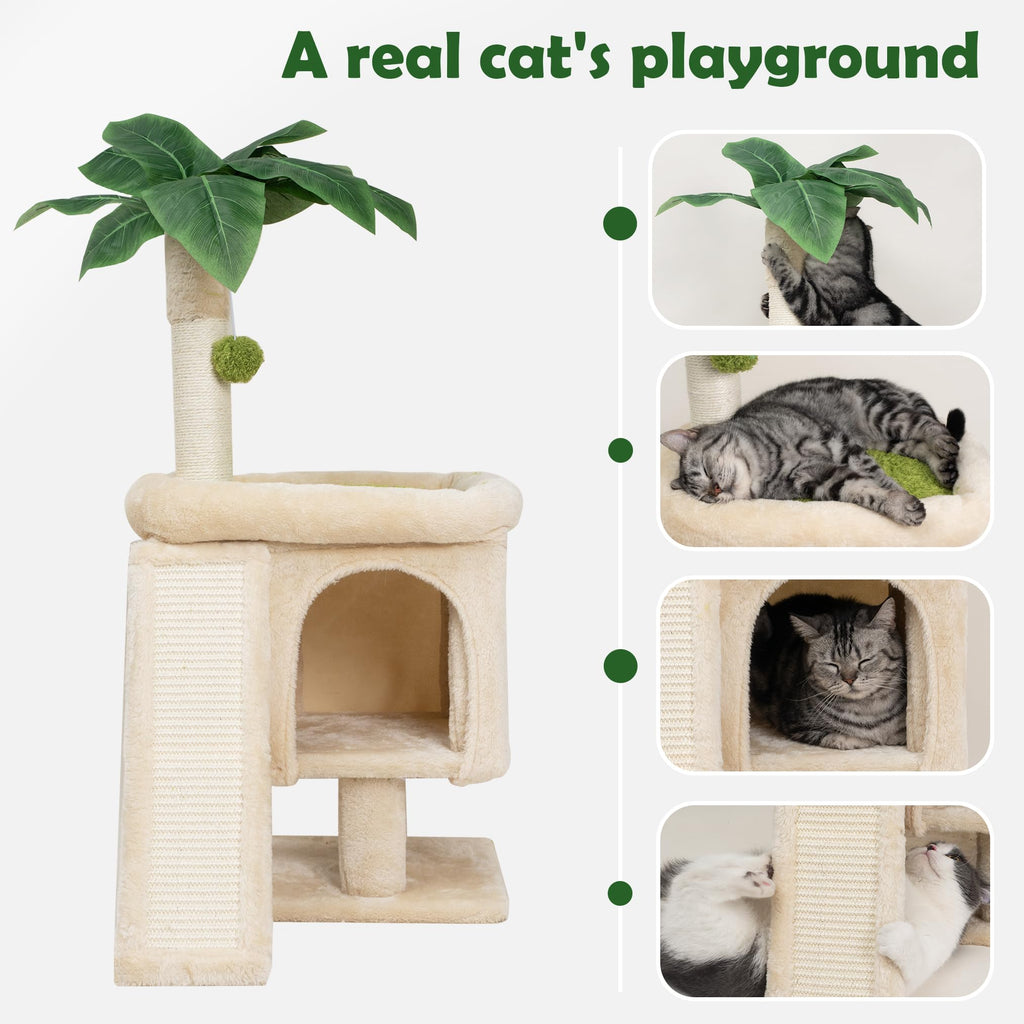 Meowoou Cat Scratching Post for Space-Saving,35” Tall Modern Monstera 3 Layer Cat Tree Tower with Sisal Rope Hanging Interactive Ball for Indoor Cats and Kitten Climbing,Play & Rest