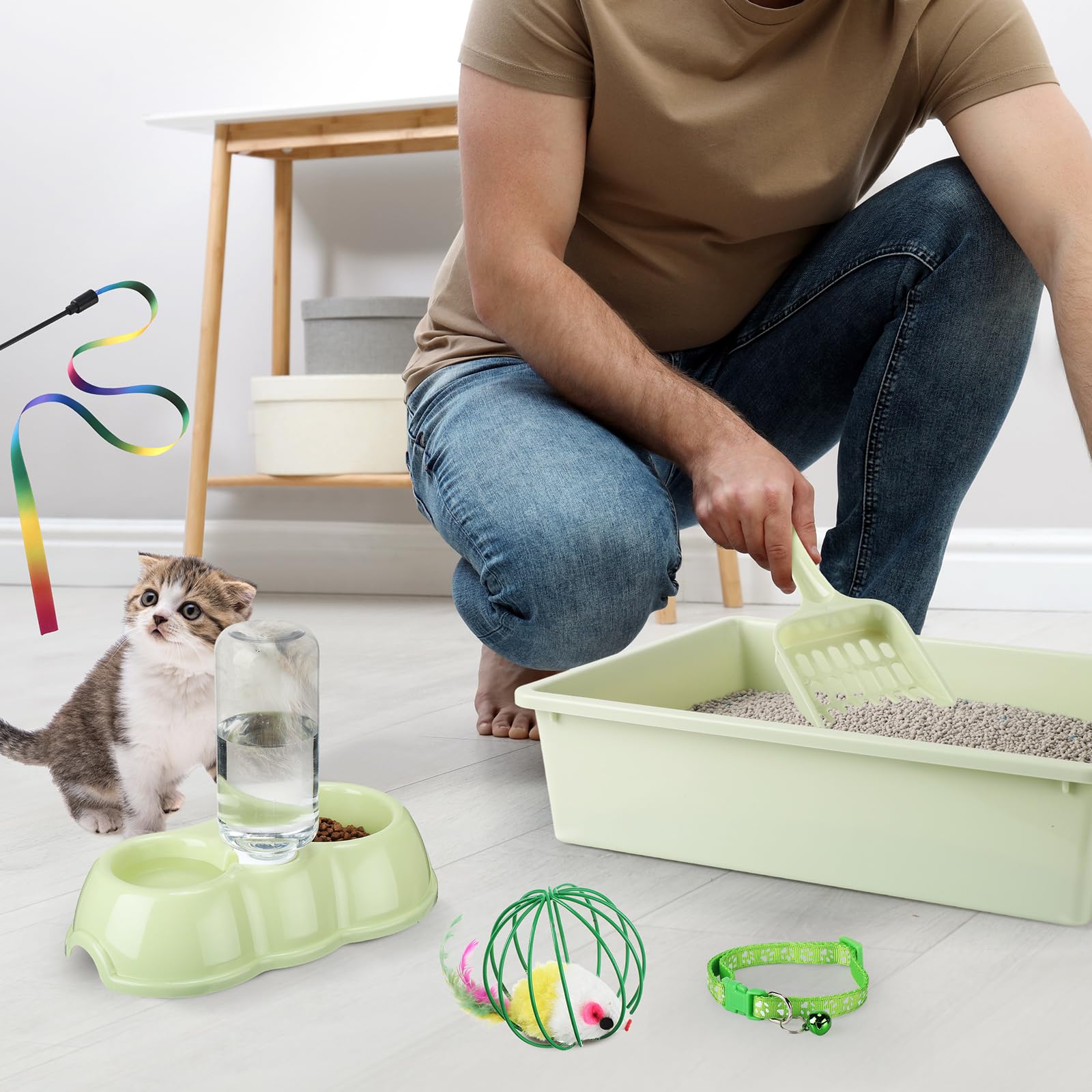 7 Pcs Small Cat Kitten Starter Kit Cat Litter Box with Shovel Paw Litter Mat Double Automatic Kitten Bowls Toy Teaser Stick Collar Essentials Kits for 1-3 Lbs Beginner(Simple,Blue)