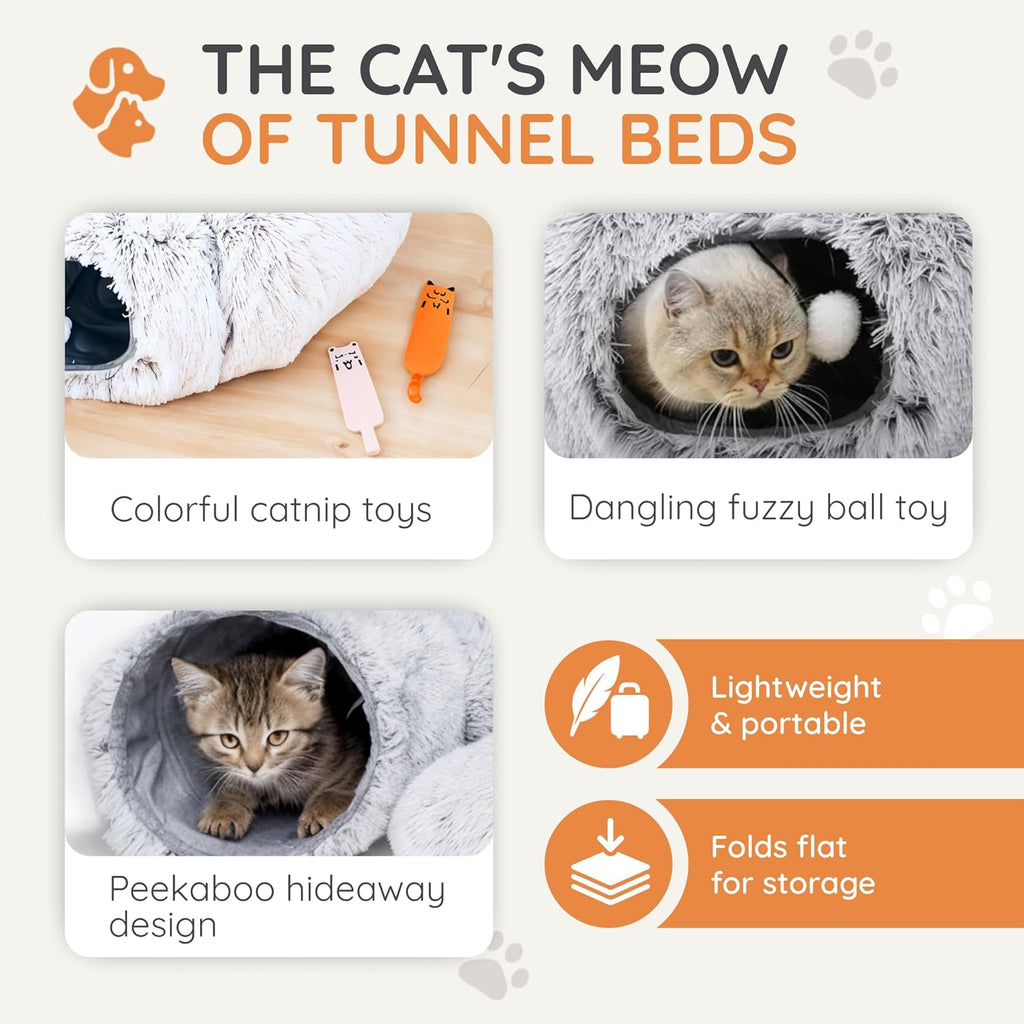 3-in-1 Cat Tunnel Bed – Cat Tunnels & Cat Beds for Indoor Cats with Catnip Toys – Cat Bed Cave & Peekaboo Cat Hideaway – Foldable Interactive Cat, Kitty & Kitten Toys