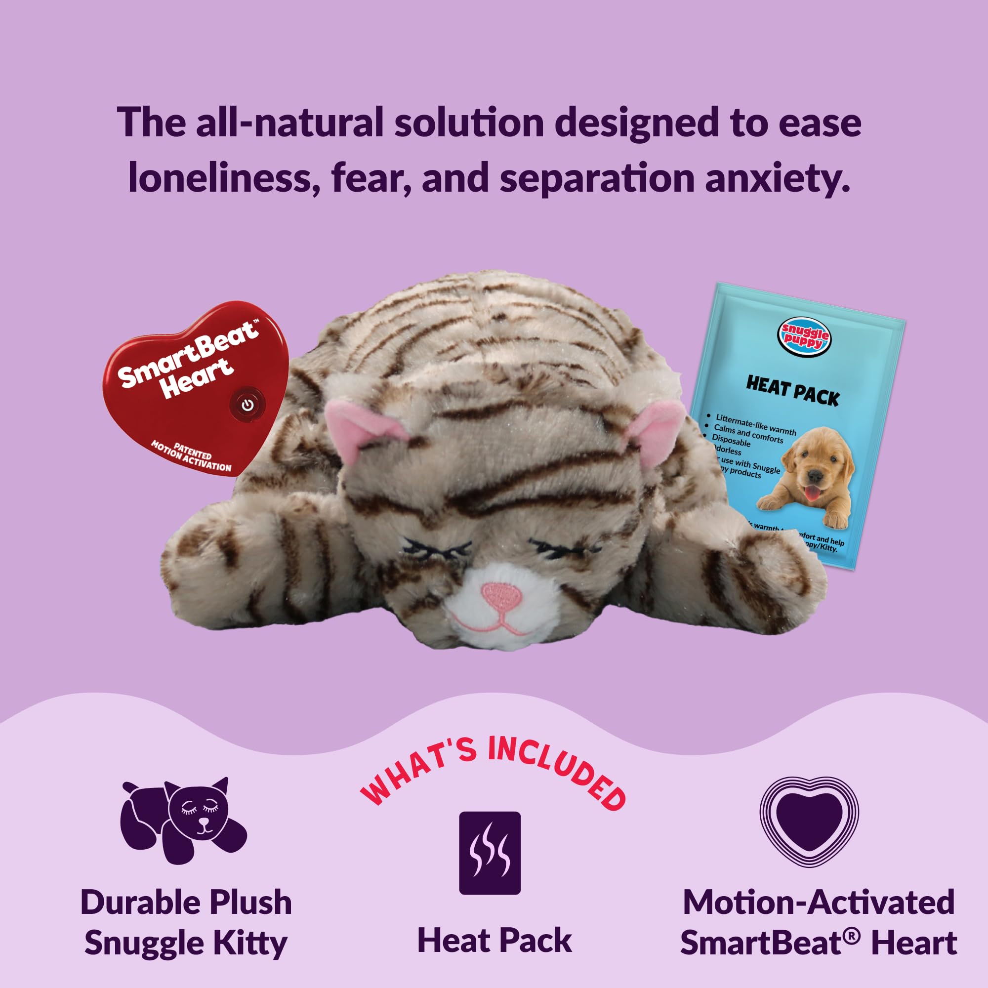Snuggle Kitty Heartbeat Cat Toy for Kittens and Cats with Real-Feel Pulse and Heat Pack, Calming Sleep Aid for Cat Anxiety, New Kitten Essentials - Tan Tiger