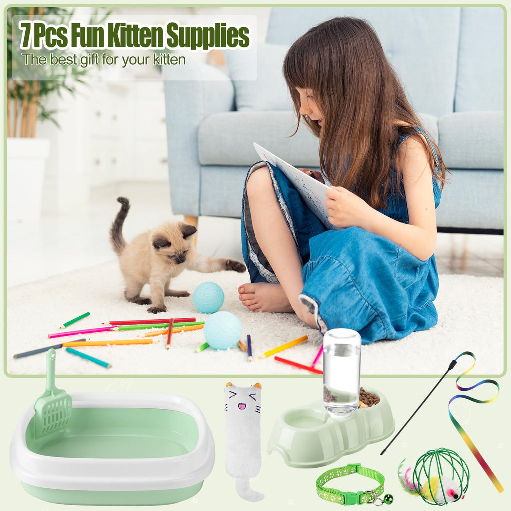 7 Pcs Small Cat Kitten Starter Kit Cat Litter Box with Shovel Paw Litter Mat Double Automatic Kitten Bowls Toy Teaser Stick Collar Essentials Kits for 1-3 Lbs Beginner(Simple,Blue)