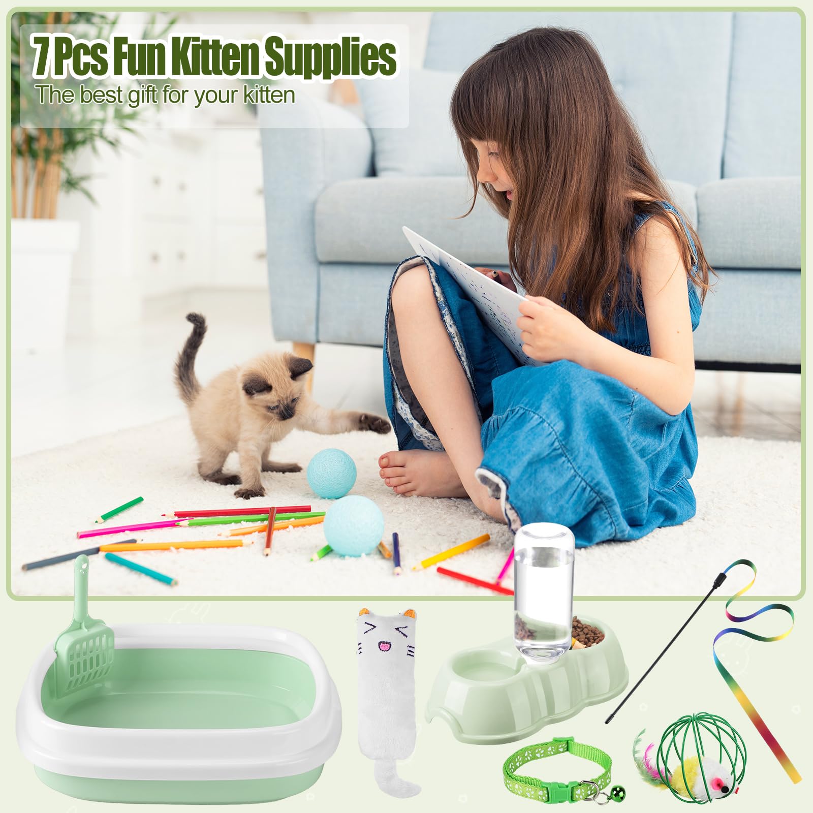 7 Pcs Small Cat Kitten Starter Kit Cat Litter Box with Shovel Paw Litter Mat Double Automatic Kitten Bowls Toy Teaser Stick Collar Essentials Kits for 1-3 Lbs Beginner(Simple,Blue)