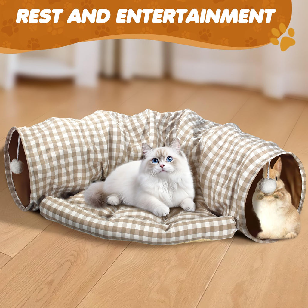 Spardar Bunny Tunnel Bed, 2-in-1 Collapsible Tunnel Tubes Toys, Washable, with Removable Mat Hideout, Interactive Toys for Rabbits Chinchilla Hedgehog Guinea Pigs Kitty, Matcha Green