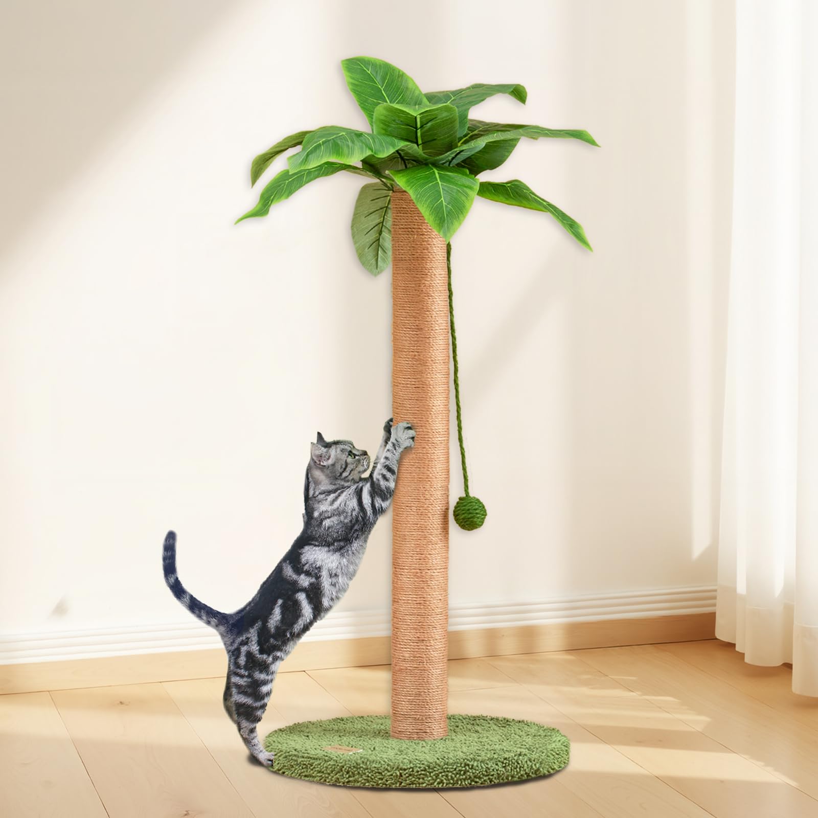 Meowoou Cat Scratching Post for Space-Saving,35” Tall Modern Monstera 3 Layer Cat Tree Tower with Sisal Rope Hanging Interactive Ball for Indoor Cats and Kitten Climbing,Play & Rest