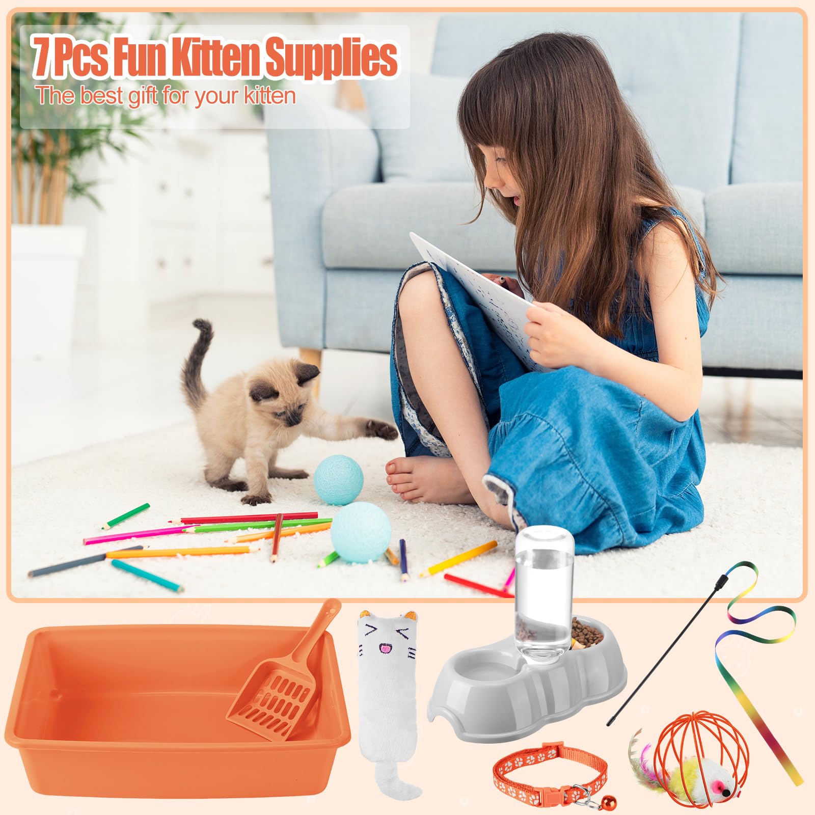 7 Pcs Small Cat Kitten Starter Kit Cat Litter Box with Shovel Paw Litter Mat Double Automatic Kitten Bowls Toy Teaser Stick Collar Essentials Kits for 1-3 Lbs Beginner(Simple,Blue)