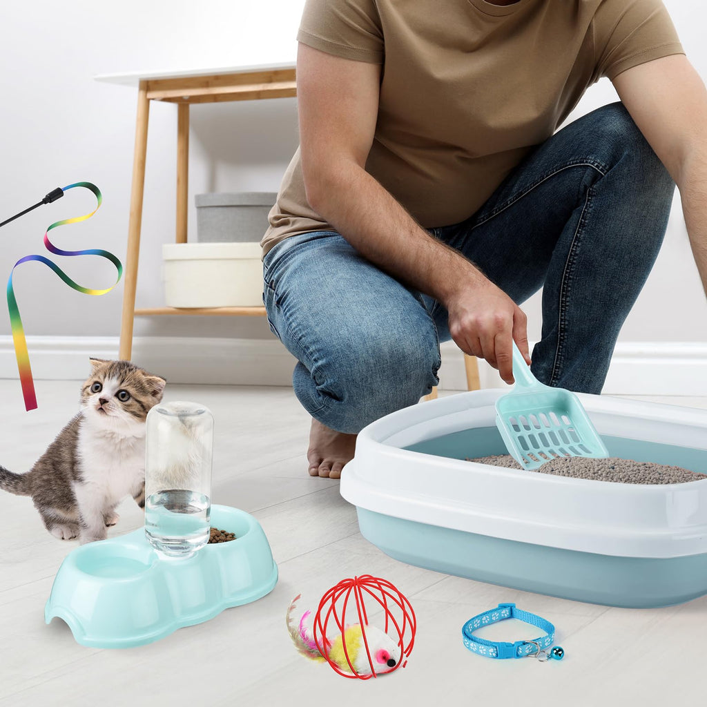 7 Pcs Small Cat Kitten Starter Kit Cat Litter Box with Shovel Paw Litter Mat Double Automatic Kitten Bowls Toy Teaser Stick Collar Essentials Kits for 1-3 Lbs Beginner(Simple,Blue)