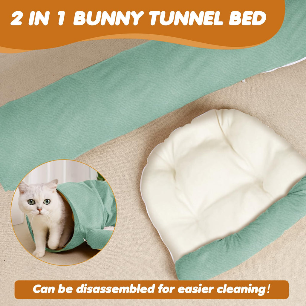 Spardar Bunny Tunnel Bed, 2-in-1 Collapsible Tunnel Tubes Toys, Washable, with Removable Mat Hideout, Interactive Toys for Rabbits Chinchilla Hedgehog Guinea Pigs Kitty, Matcha Green