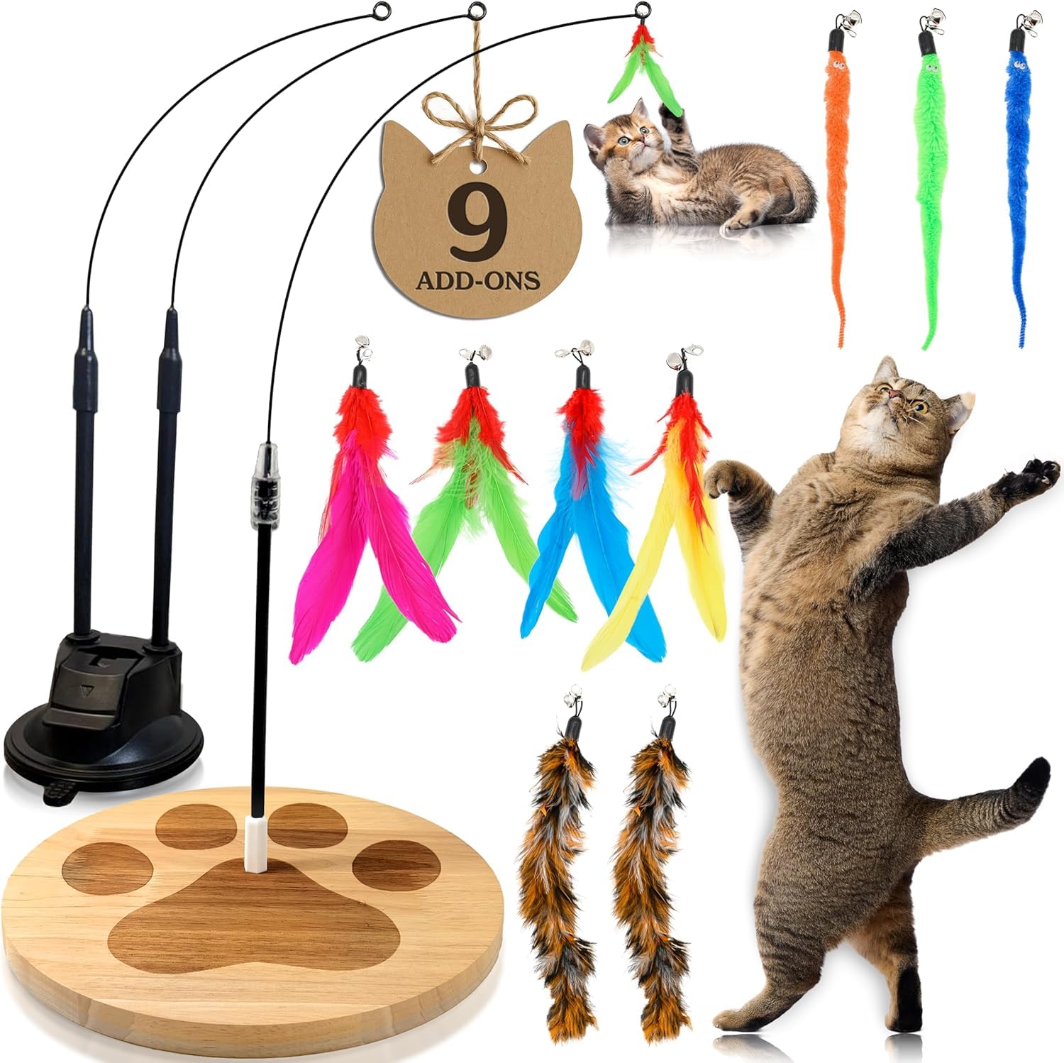 18-Piece Interactive Cat Toys for Indoor Cats -PATENTED Heavy Duty Self-Holding Floor Base & Suction Cup - Durable Feather Wand Bird Simulation Self Play Kitten Toys for Bored Adult Cats Juguete Gato