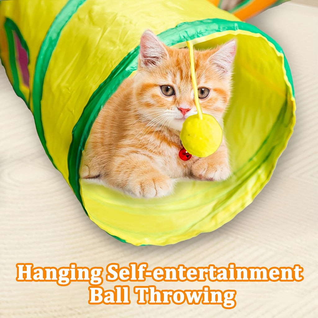 3 Way Collapsible Cat Tunnels with Interactive Ball, E Shape Folded Pet Tube Toy for Indoor Cats, Puppy, Kitty, Kitten, Rabbit