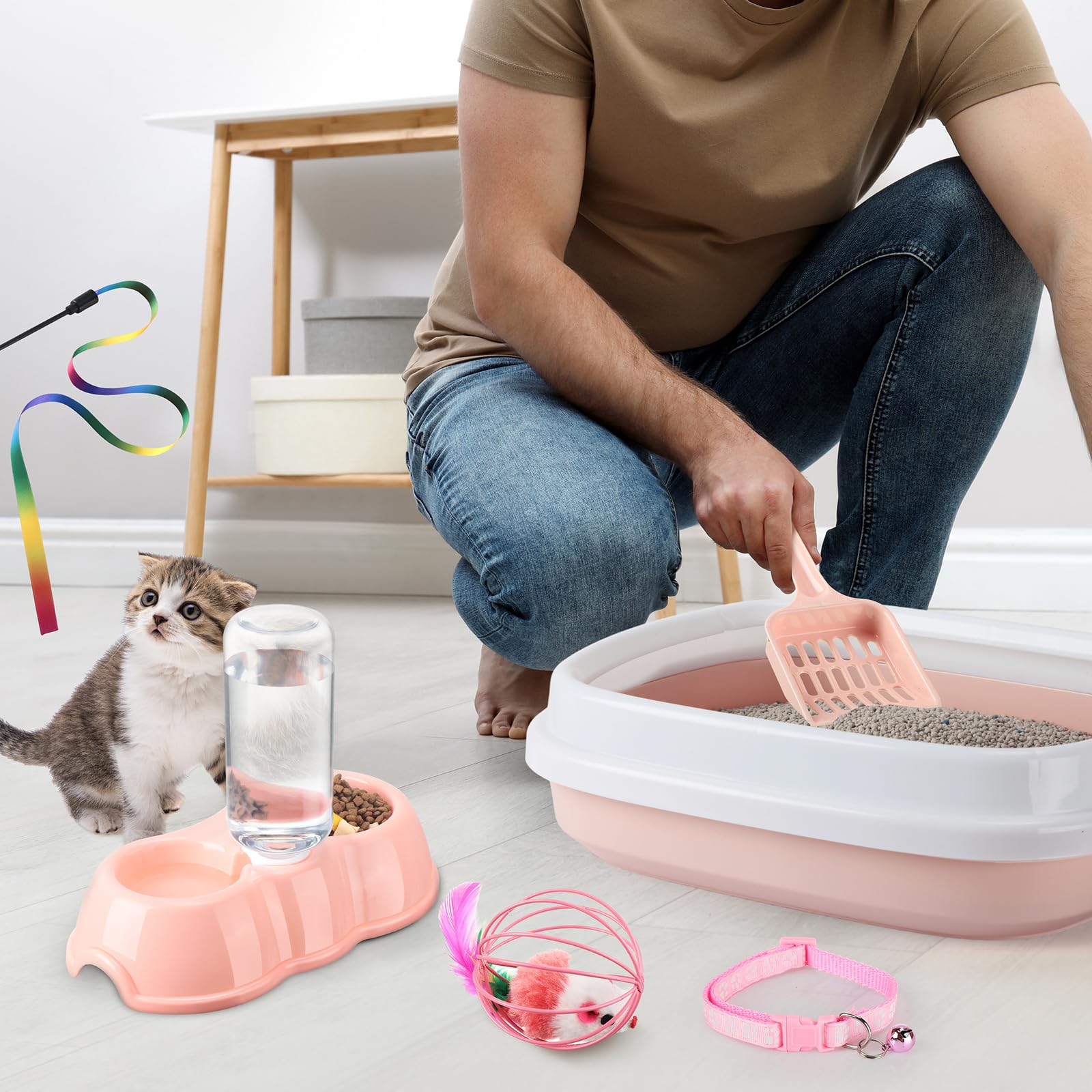 7 Pcs Small Cat Kitten Starter Kit Cat Litter Box with Shovel Paw Litter Mat Double Automatic Kitten Bowls Toy Teaser Stick Collar Essentials Kits for 1-3 Lbs Beginner(Simple,Blue)