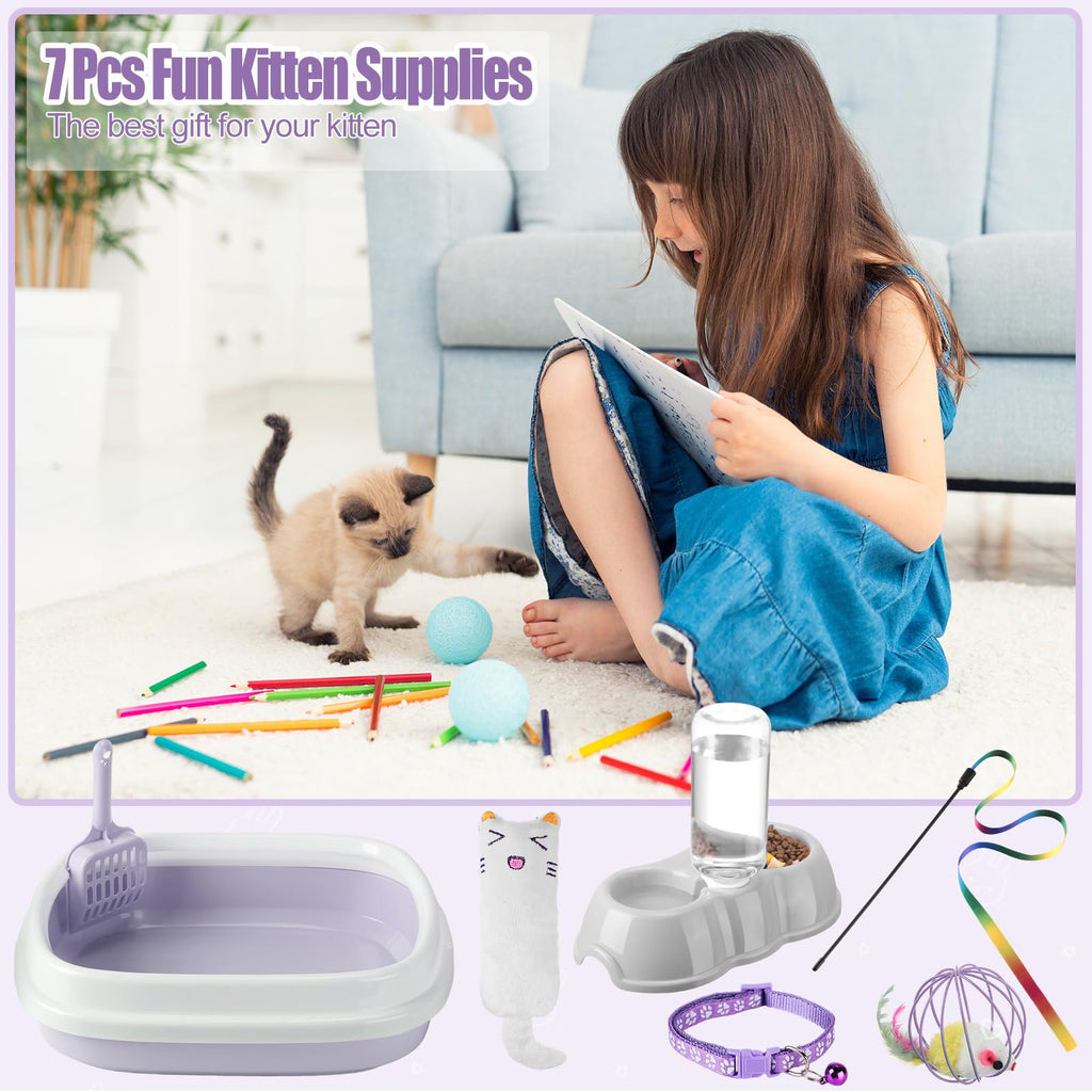7 Pcs Small Cat Kitten Starter Kit Cat Litter Box with Shovel Paw Litter Mat Double Automatic Kitten Bowls Toy Teaser Stick Collar Essentials Kits for 1-3 Lbs Beginner(Simple,Blue)