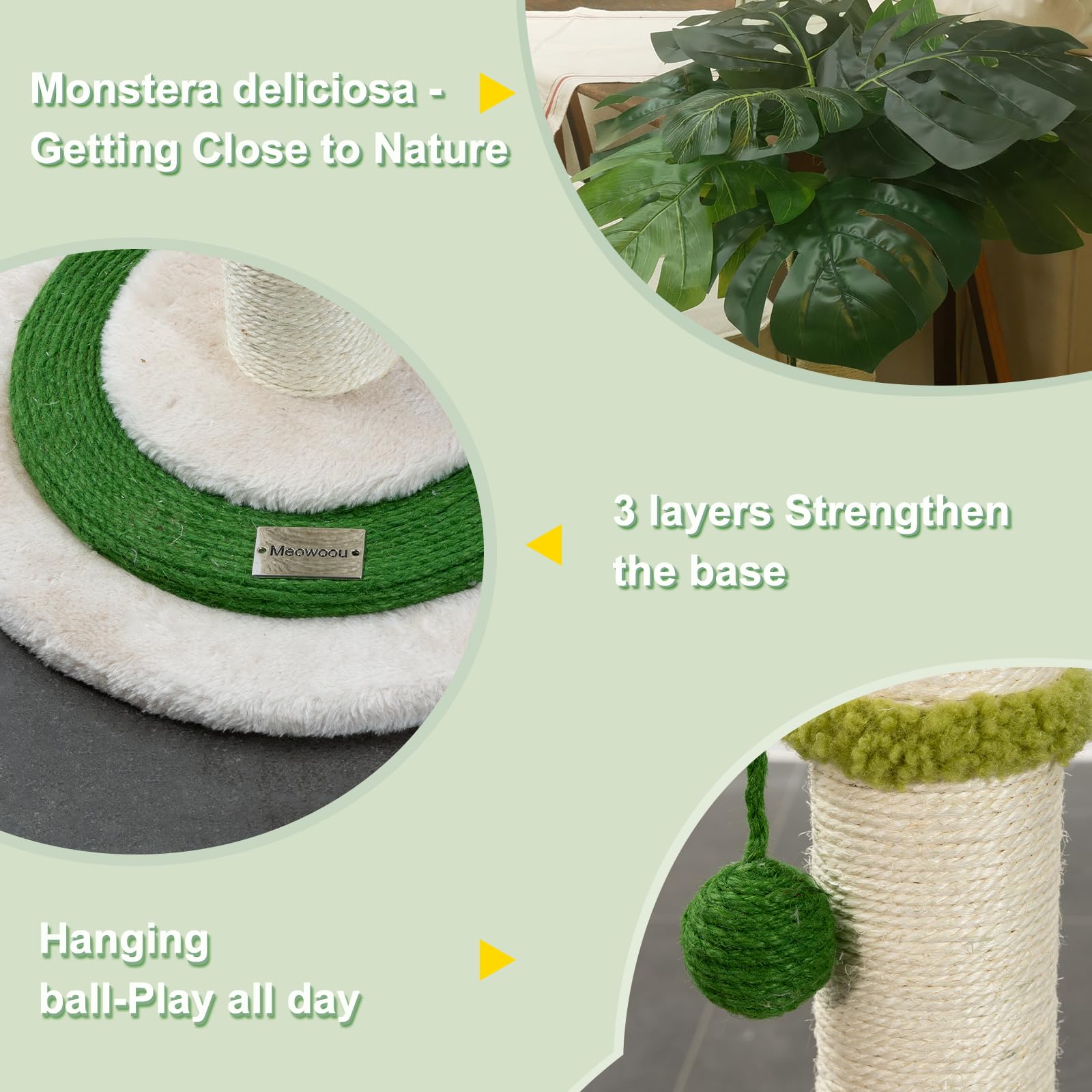 Meowoou Cat Scratching Post for Space-Saving,35” Tall Modern Monstera 3 Layer Cat Tree Tower with Sisal Rope Hanging Interactive Ball for Indoor Cats and Kitten Climbing,Play & Rest