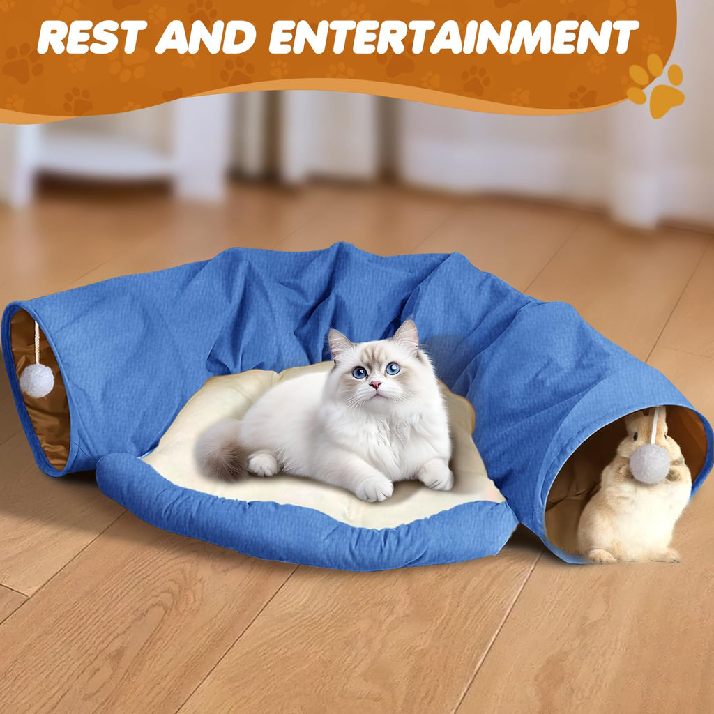 Spardar Bunny Tunnel Bed, 2-in-1 Collapsible Tunnel Tubes Toys, Washable, with Removable Mat Hideout, Interactive Toys for Rabbits Chinchilla Hedgehog Guinea Pigs Kitty, Matcha Green