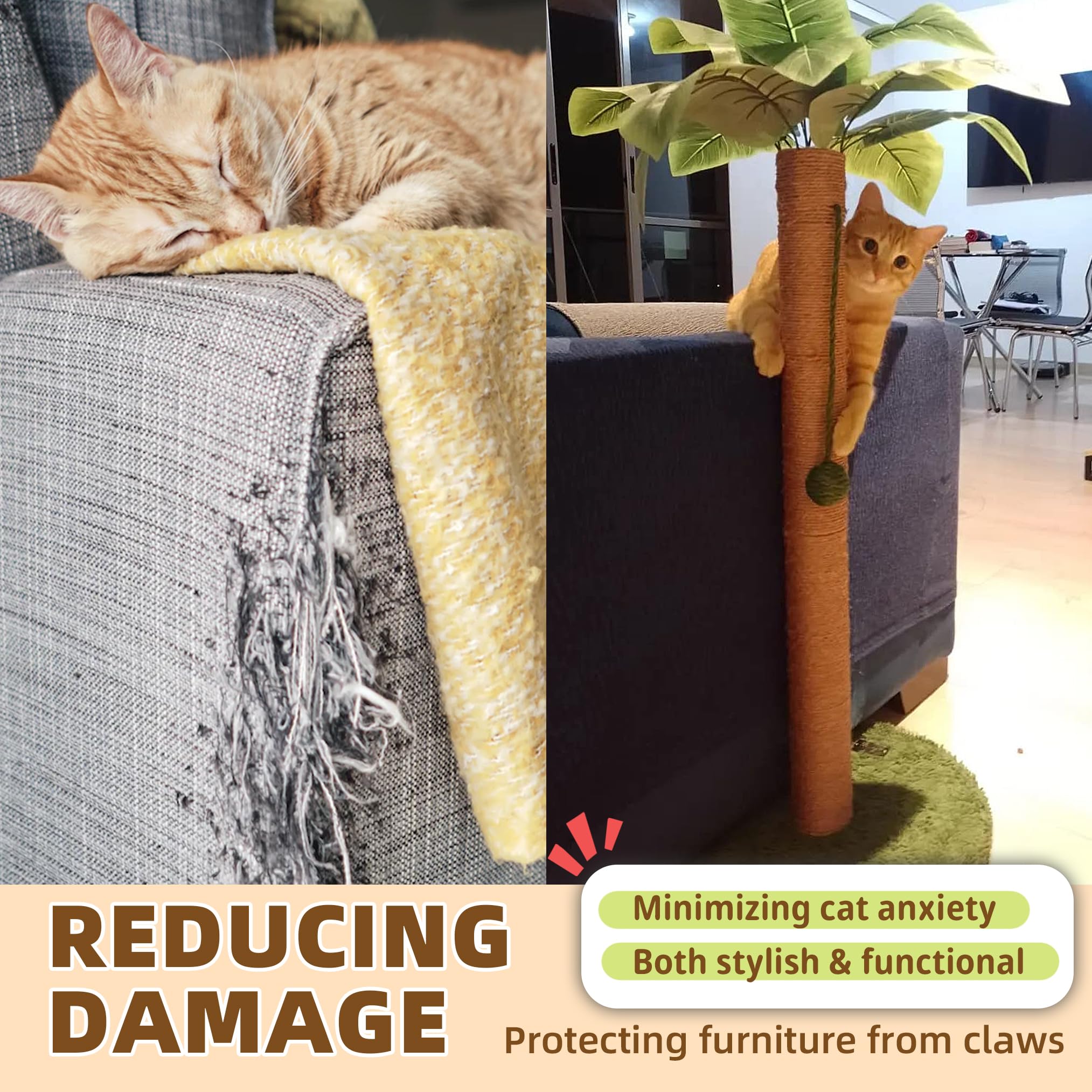 Meowoou Cat Scratching Post for Space-Saving,35” Tall Modern Monstera 3 Layer Cat Tree Tower with Sisal Rope Hanging Interactive Ball for Indoor Cats and Kitten Climbing,Play & Rest