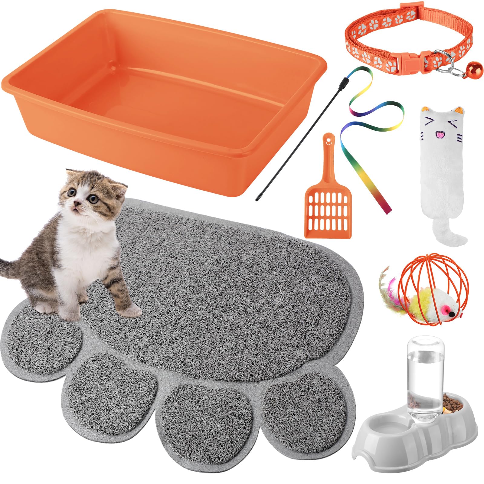 7 Pcs Small Cat Kitten Starter Kit Cat Litter Box with Shovel Paw Litter Mat Double Automatic Kitten Bowls Toy Teaser Stick Collar Essentials Kits for 1-3 Lbs Beginner(Simple,Blue)