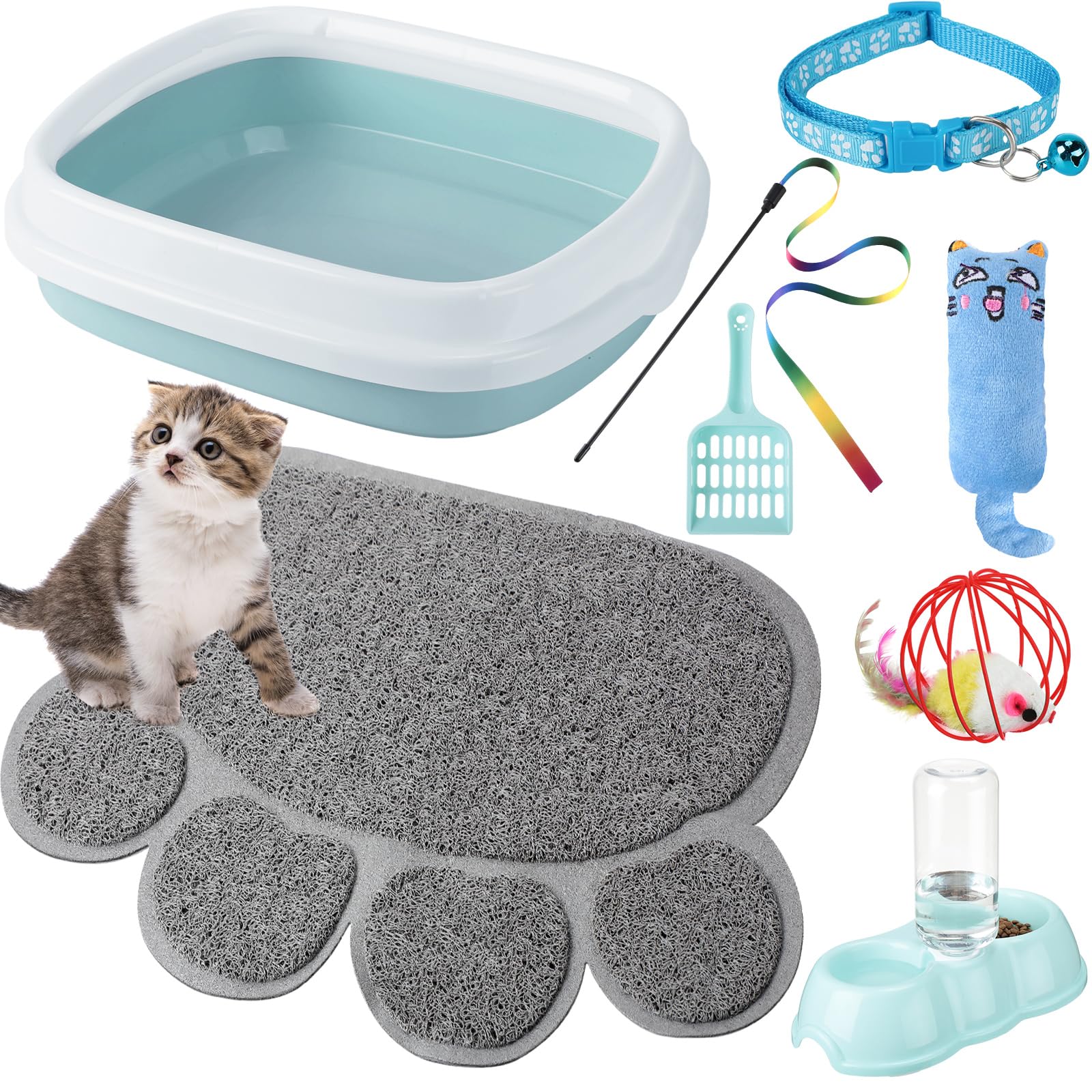 7 Pcs Small Cat Kitten Starter Kit Cat Litter Box with Shovel Paw Litter Mat Double Automatic Kitten Bowls Toy Teaser Stick Collar Essentials Kits for 1-3 Lbs Beginner(Simple,Blue)