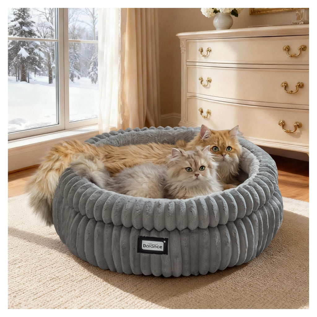 BALANCE Cat Bed Kitten Bed, Washable Round Cat Beds for Indoor Cats,Super Soft Plush Faux Fur Pet Bed for Puppy and Kitten with Anti-Slip Bottom