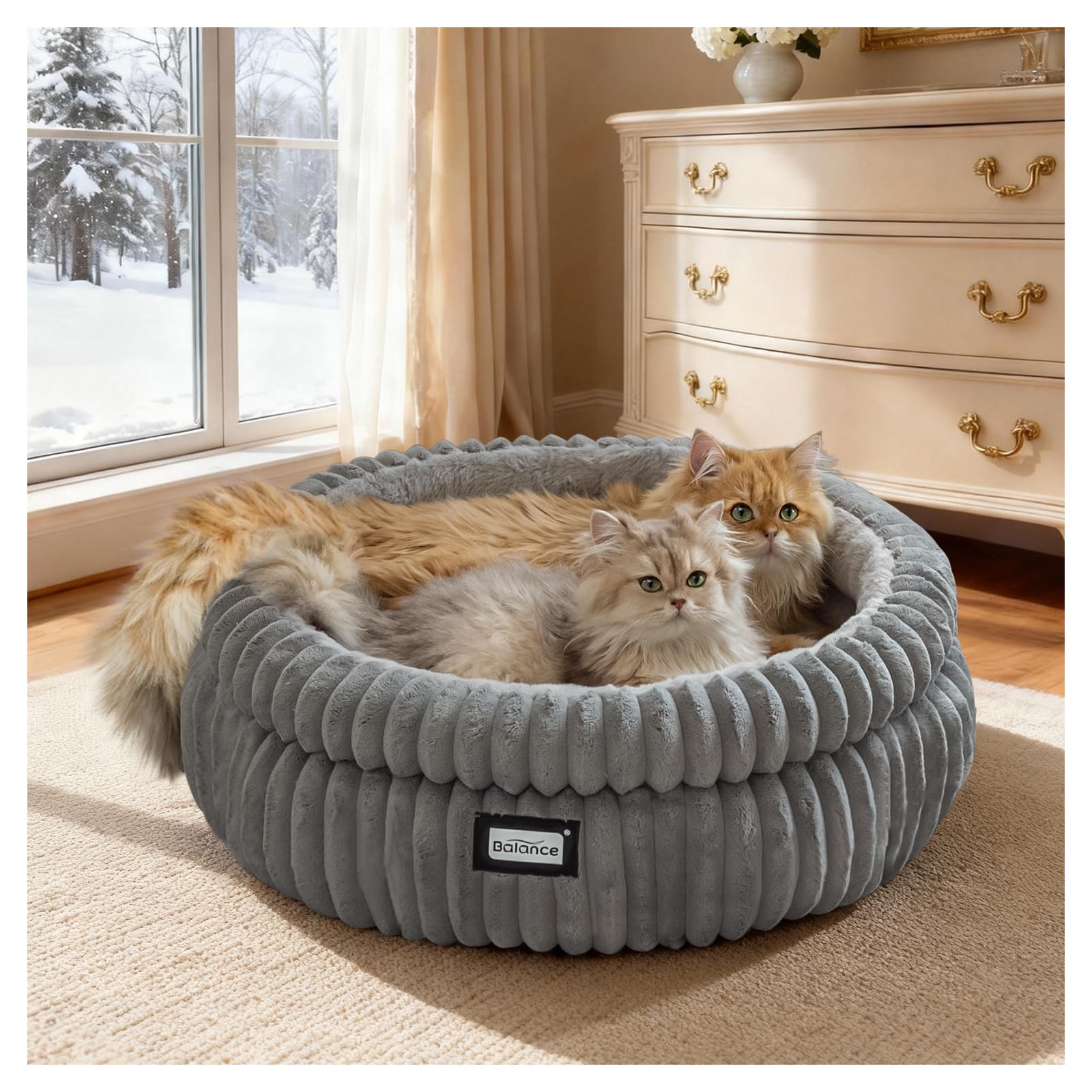 BALANCE Cat Bed Kitten Bed, Washable Round Cat Beds for Indoor Cats,Super Soft Plush Faux Fur Pet Bed for Puppy and Kitten with Anti-Slip Bottom