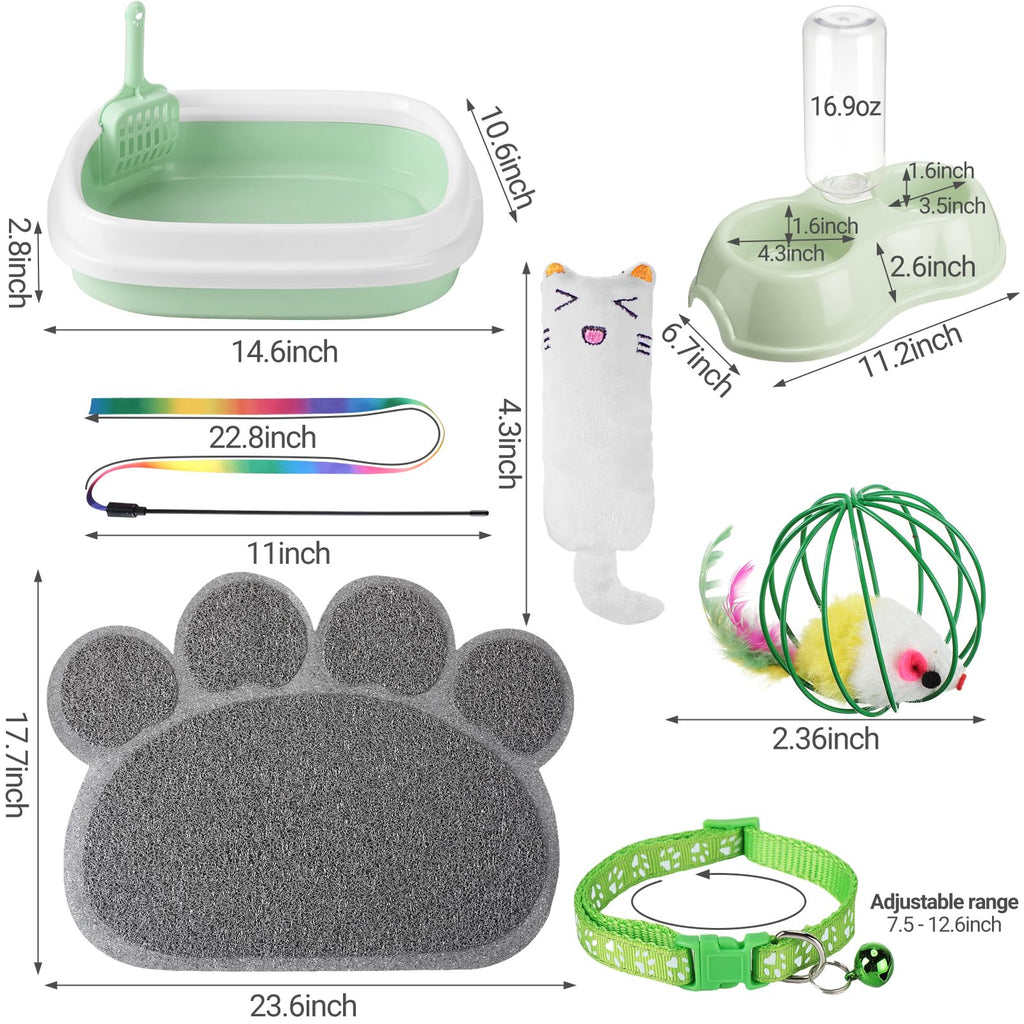 7 Pcs Small Cat Kitten Starter Kit Cat Litter Box with Shovel Paw Litter Mat Double Automatic Kitten Bowls Toy Teaser Stick Collar Essentials Kits for 1-3 Lbs Beginner(Simple,Blue)