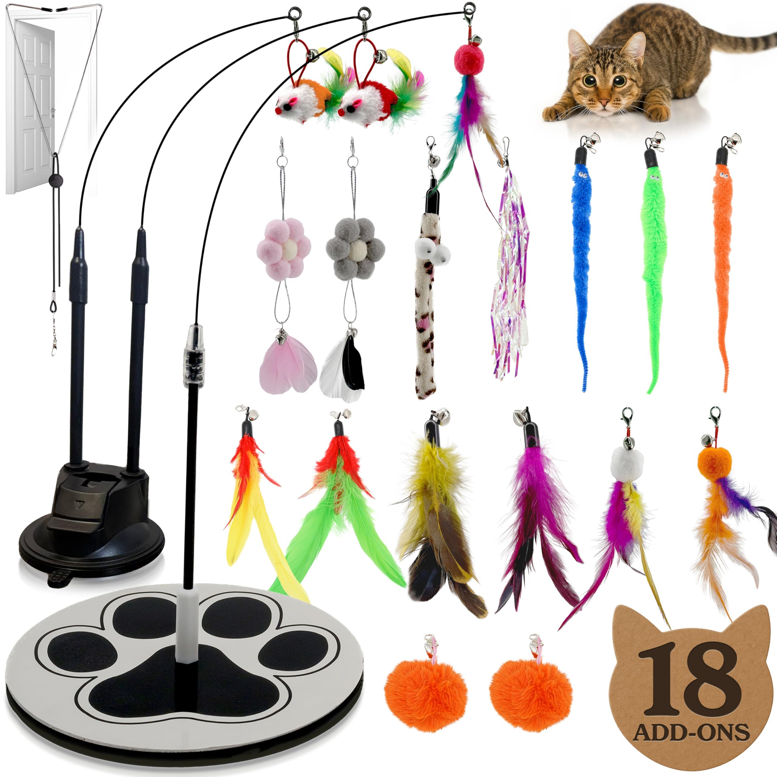 18-Piece Interactive Cat Toys for Indoor Cats -PATENTED Heavy Duty Self-Holding Floor Base & Suction Cup - Durable Feather Wand Bird Simulation Self Play Kitten Toys for Bored Adult Cats Juguete Gato