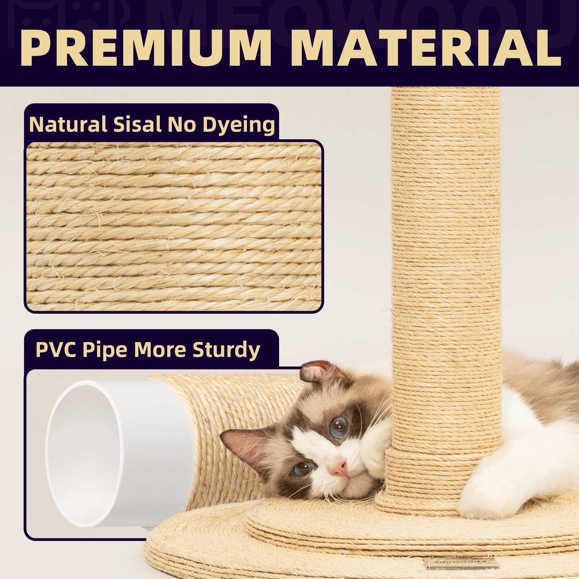 Meowoou Cat Scratching Post for Space-Saving,35” Tall Modern Monstera 3 Layer Cat Tree Tower with Sisal Rope Hanging Interactive Ball for Indoor Cats and Kitten Climbing,Play & Rest