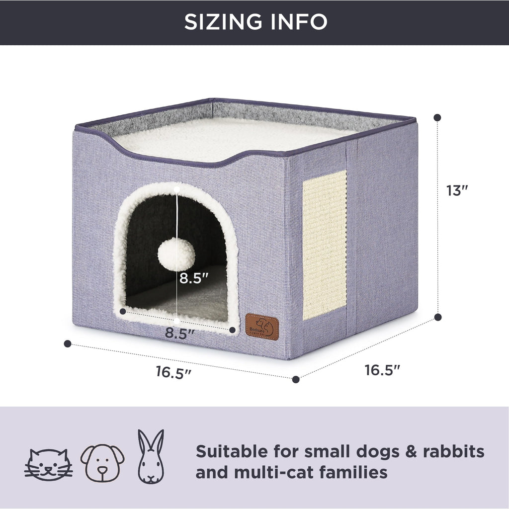 Bedsure Cat Beds for Indoor Cats - Large Cat Cave for Pet Cat House with Fluffy Ball Hanging and Scratch Pad, Foldable Cat Hideaway, 16.5x16.5x13 inches, Grey