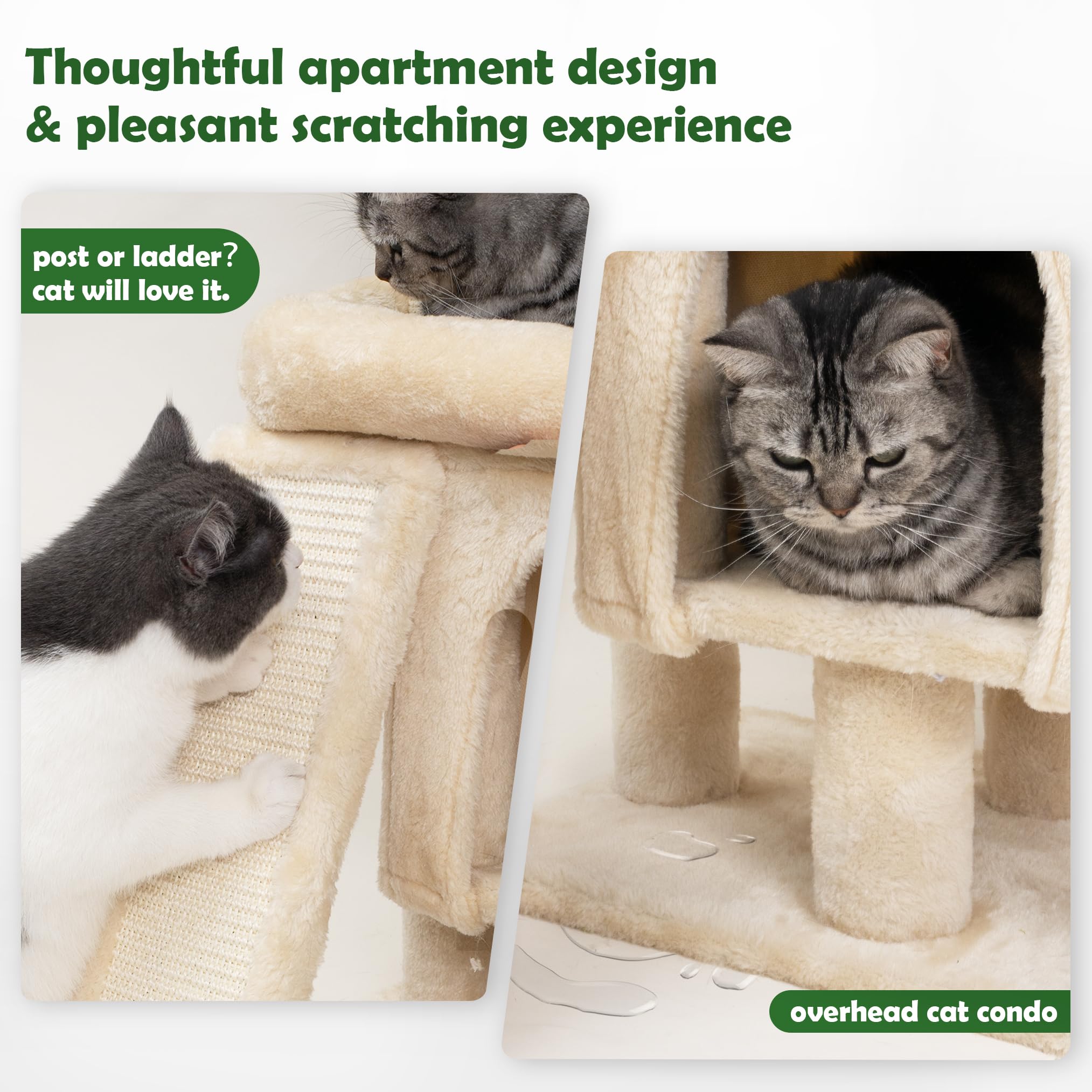 Meowoou Cat Scratching Post for Space-Saving,35” Tall Modern Monstera 3 Layer Cat Tree Tower with Sisal Rope Hanging Interactive Ball for Indoor Cats and Kitten Climbing,Play & Rest