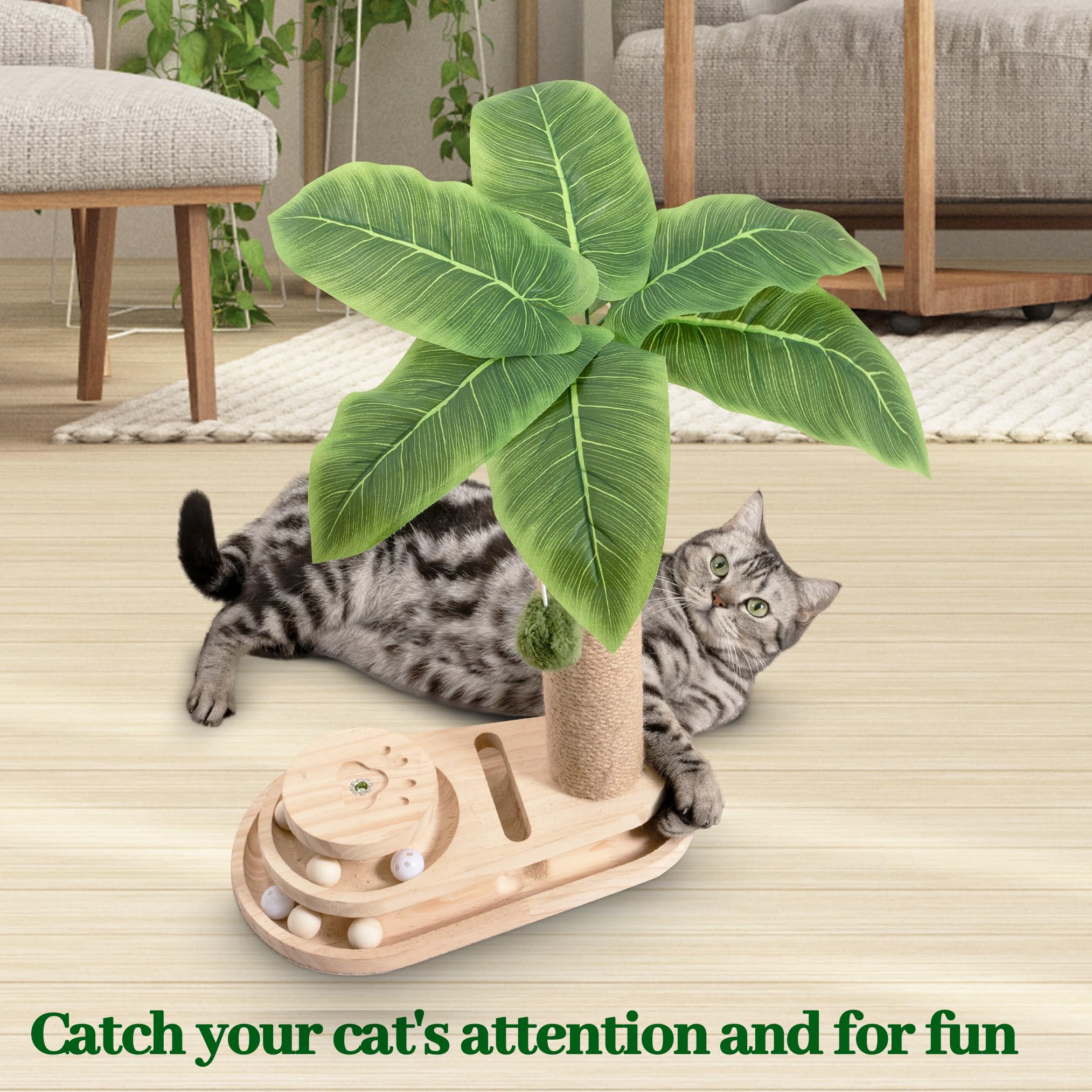 Meowoou Cat Scratching Post for Space-Saving,35” Tall Modern Monstera 3 Layer Cat Tree Tower with Sisal Rope Hanging Interactive Ball for Indoor Cats and Kitten Climbing,Play & Rest