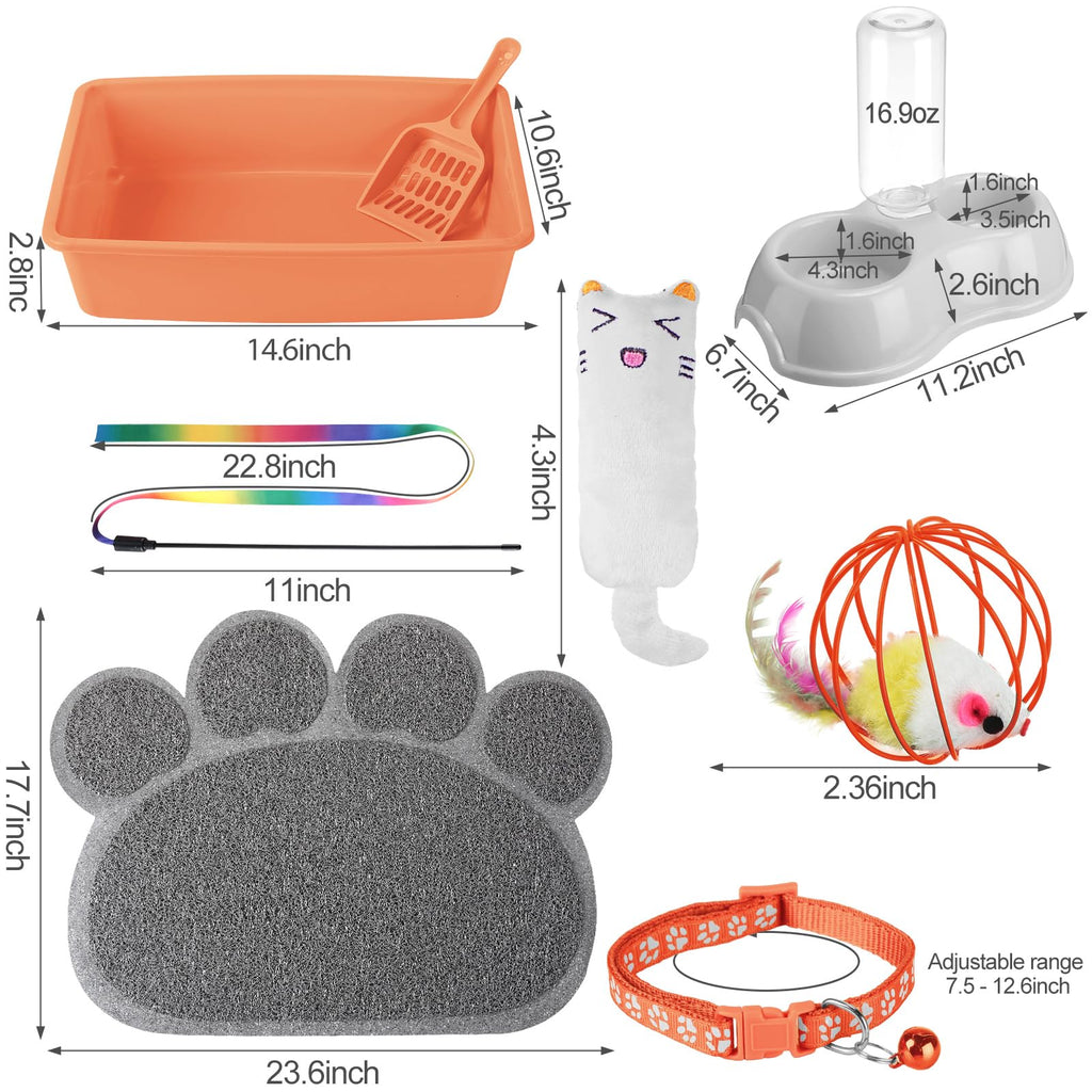 7 Pcs Small Cat Kitten Starter Kit Cat Litter Box with Shovel Paw Litter Mat Double Automatic Kitten Bowls Toy Teaser Stick Collar Essentials Kits for 1-3 Lbs Beginner(Simple,Blue)