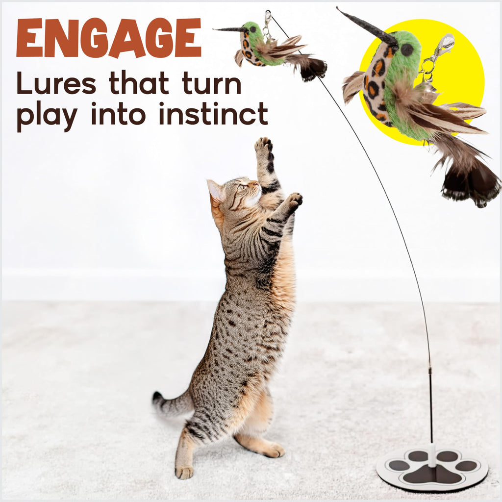 18-Piece Interactive Cat Toys for Indoor Cats -PATENTED Heavy Duty Self-Holding Floor Base & Suction Cup - Durable Feather Wand Bird Simulation Self Play Kitten Toys for Bored Adult Cats Juguete Gato