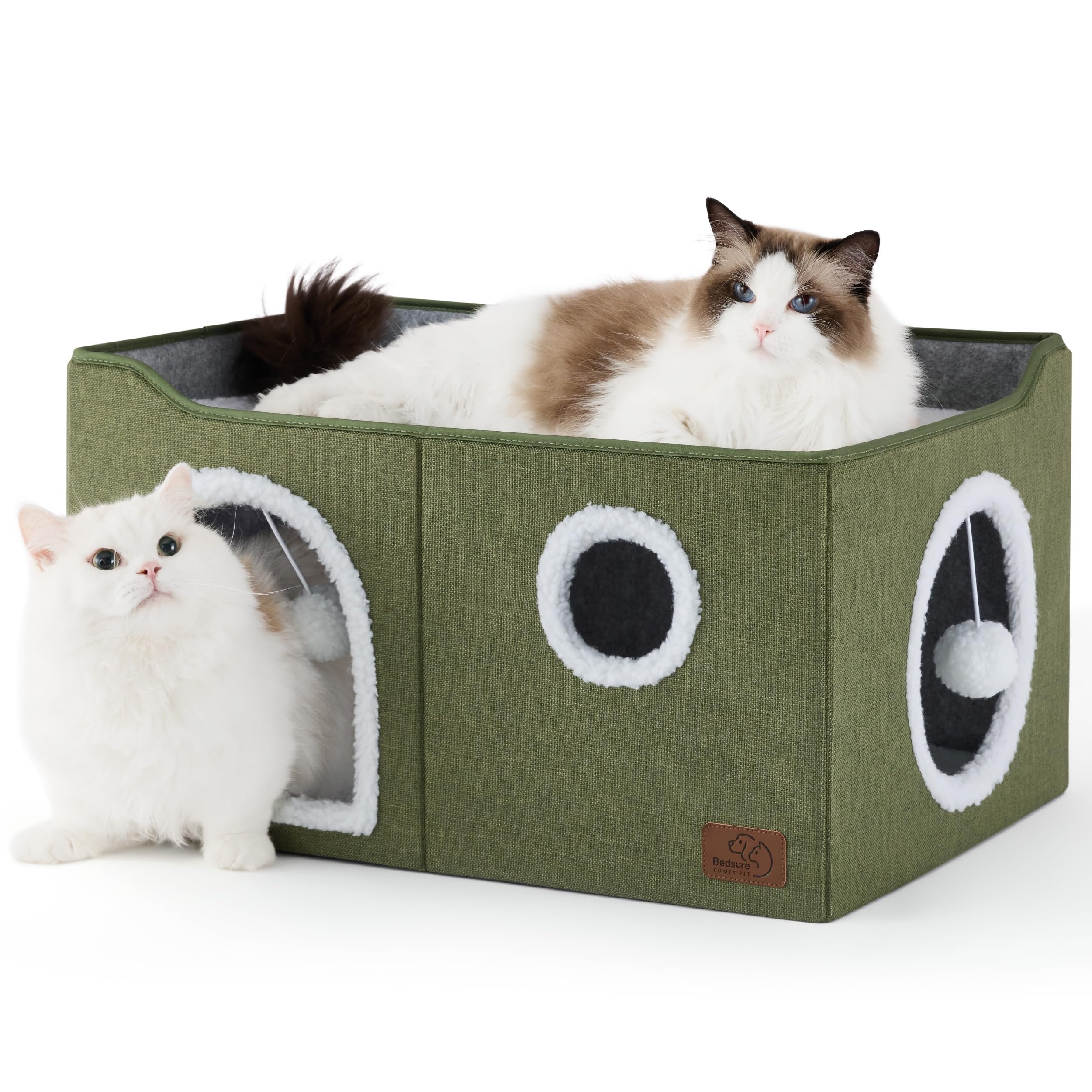 Bedsure Cat Beds for Indoor Cats - Large Cat Cave for Pet Cat House with Fluffy Ball Hanging and Scratch Pad, Foldable Cat Hideaway, 16.5x16.5x13 inches, Grey