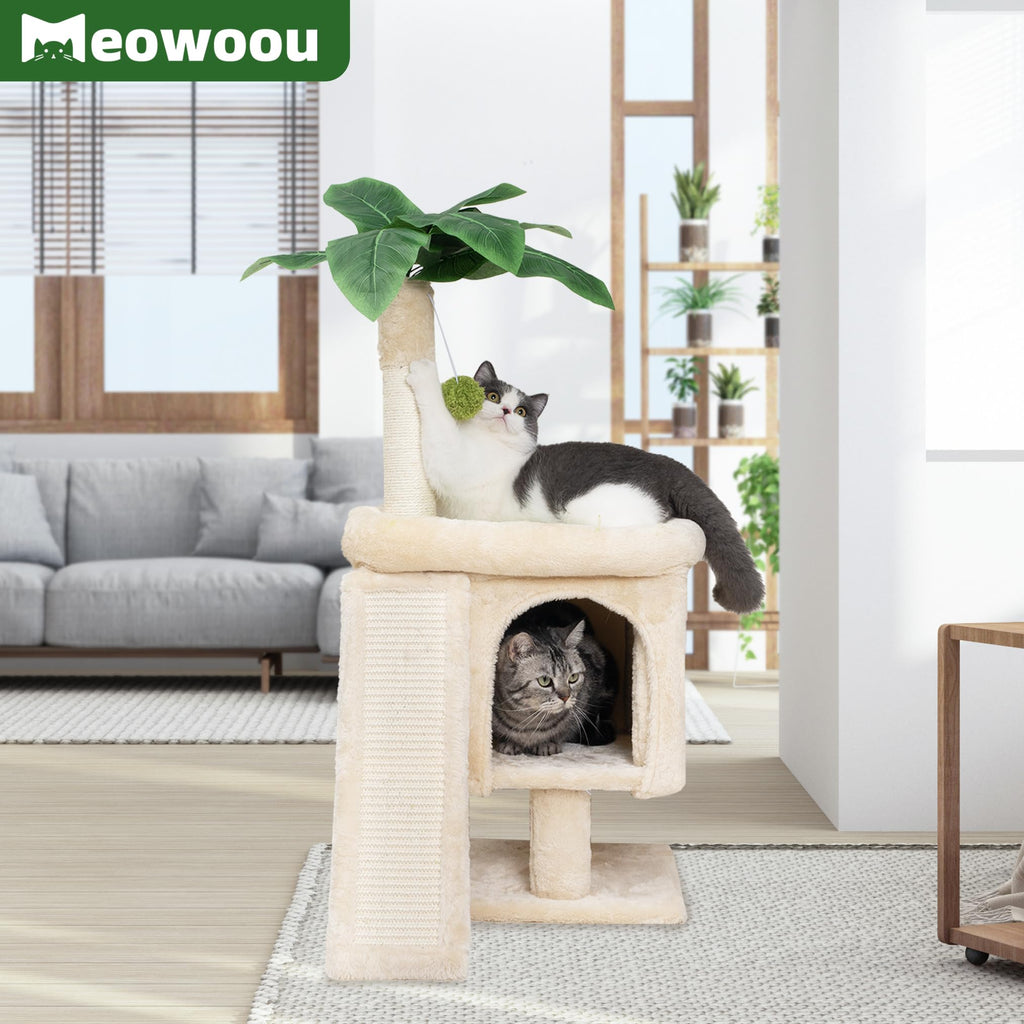 Meowoou Cat Scratching Post for Space-Saving,35” Tall Modern Monstera 3 Layer Cat Tree Tower with Sisal Rope Hanging Interactive Ball for Indoor Cats and Kitten Climbing,Play & Rest