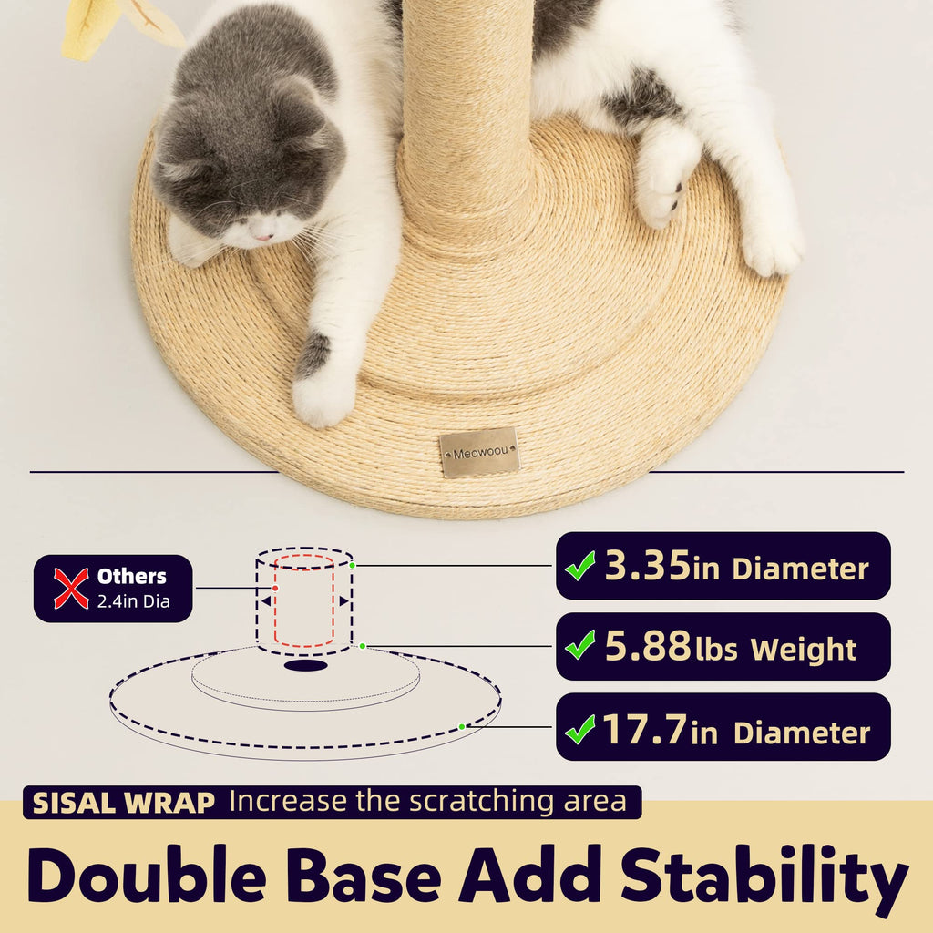 Meowoou Cat Scratching Post for Space-Saving,35” Tall Modern Monstera 3 Layer Cat Tree Tower with Sisal Rope Hanging Interactive Ball for Indoor Cats and Kitten Climbing,Play & Rest