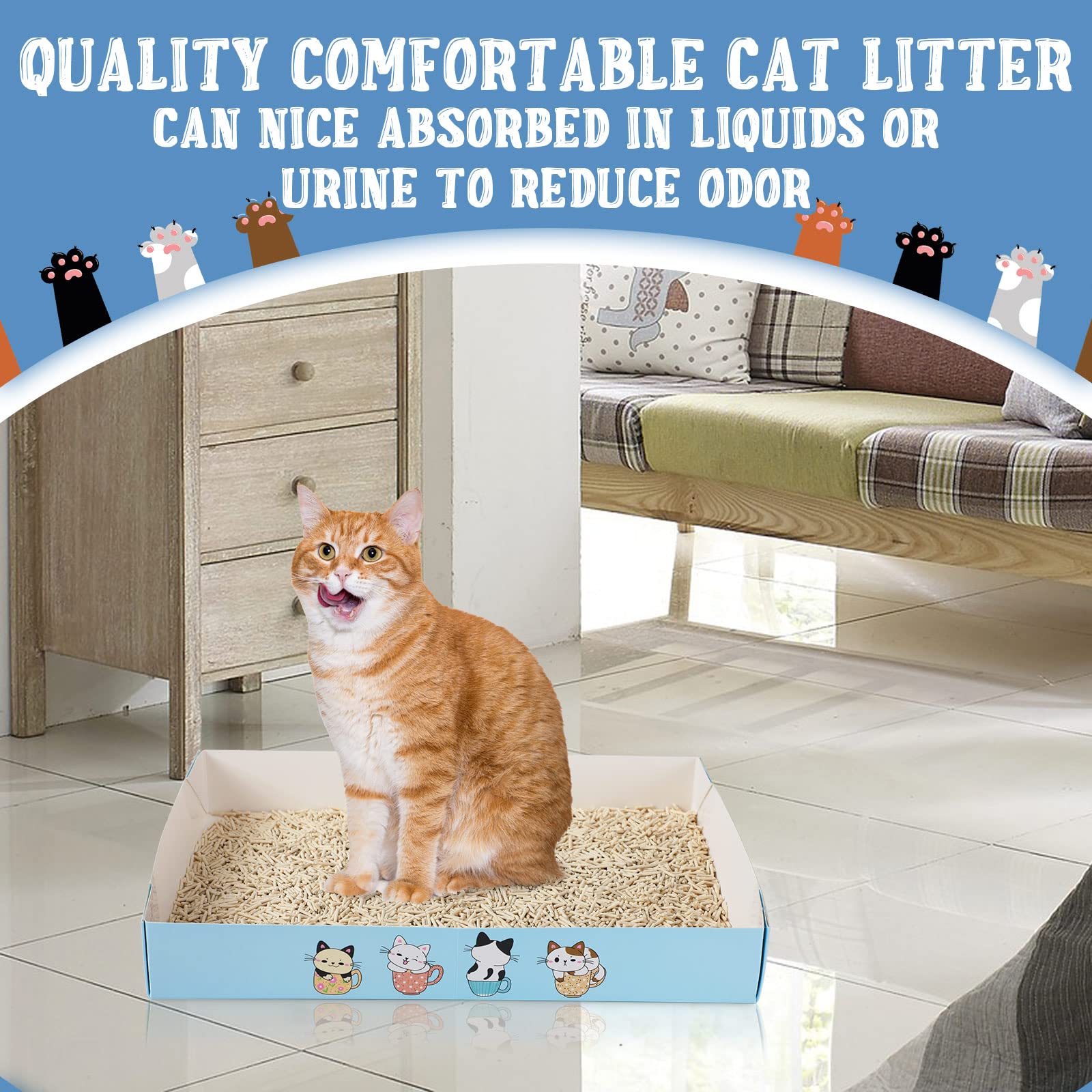 Roshtia 30 Pcs Disposable Cat Litter Box Foldable Paper Kitty Tray 13.8 x 10 x 2 Inch Portable Kitten Boxes Low Entry Waterproof Lightweight Cardboard(Meow,Blue)