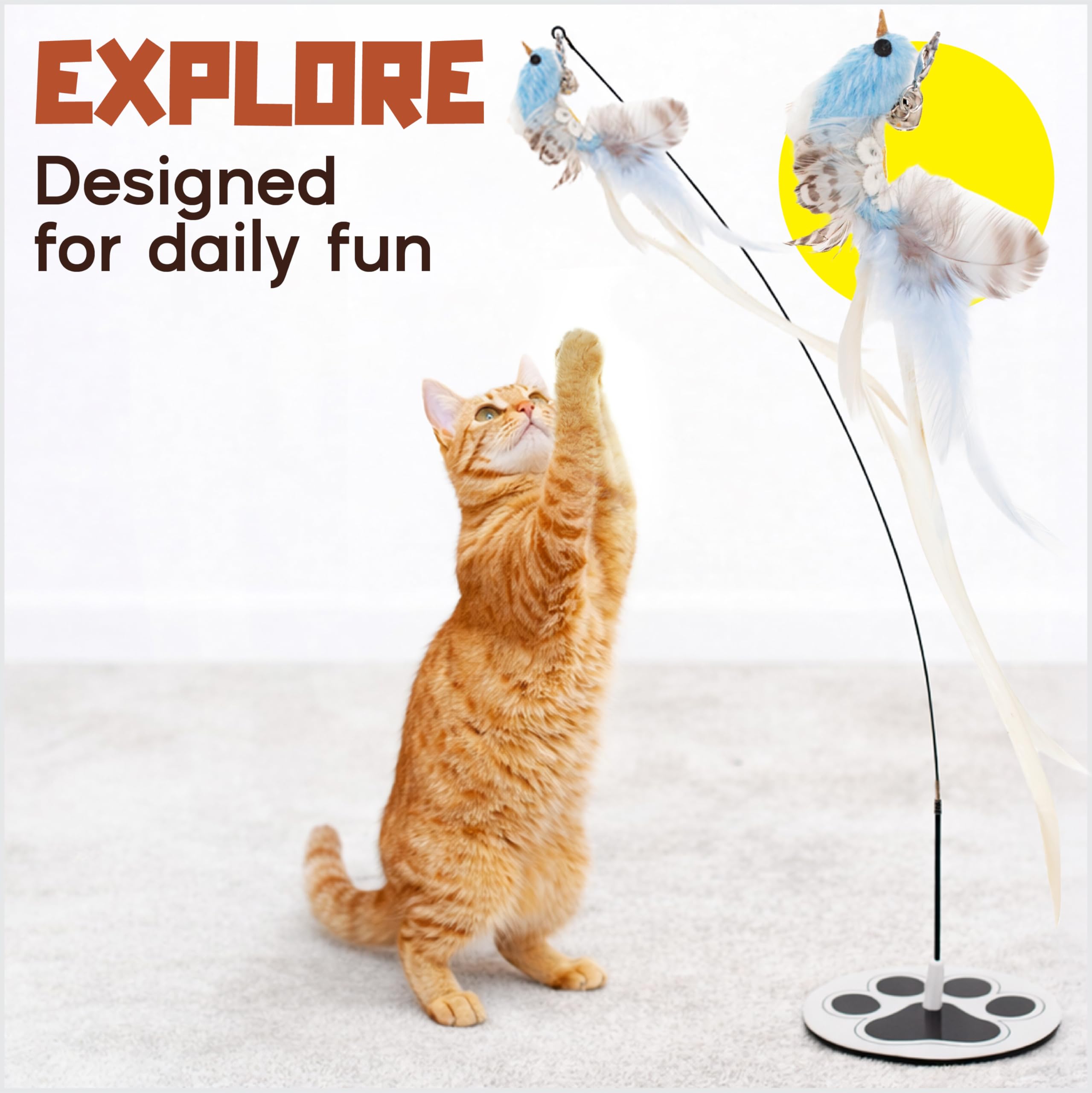 18-Piece Interactive Cat Toys for Indoor Cats -PATENTED Heavy Duty Self-Holding Floor Base & Suction Cup - Durable Feather Wand Bird Simulation Self Play Kitten Toys for Bored Adult Cats Juguete Gato