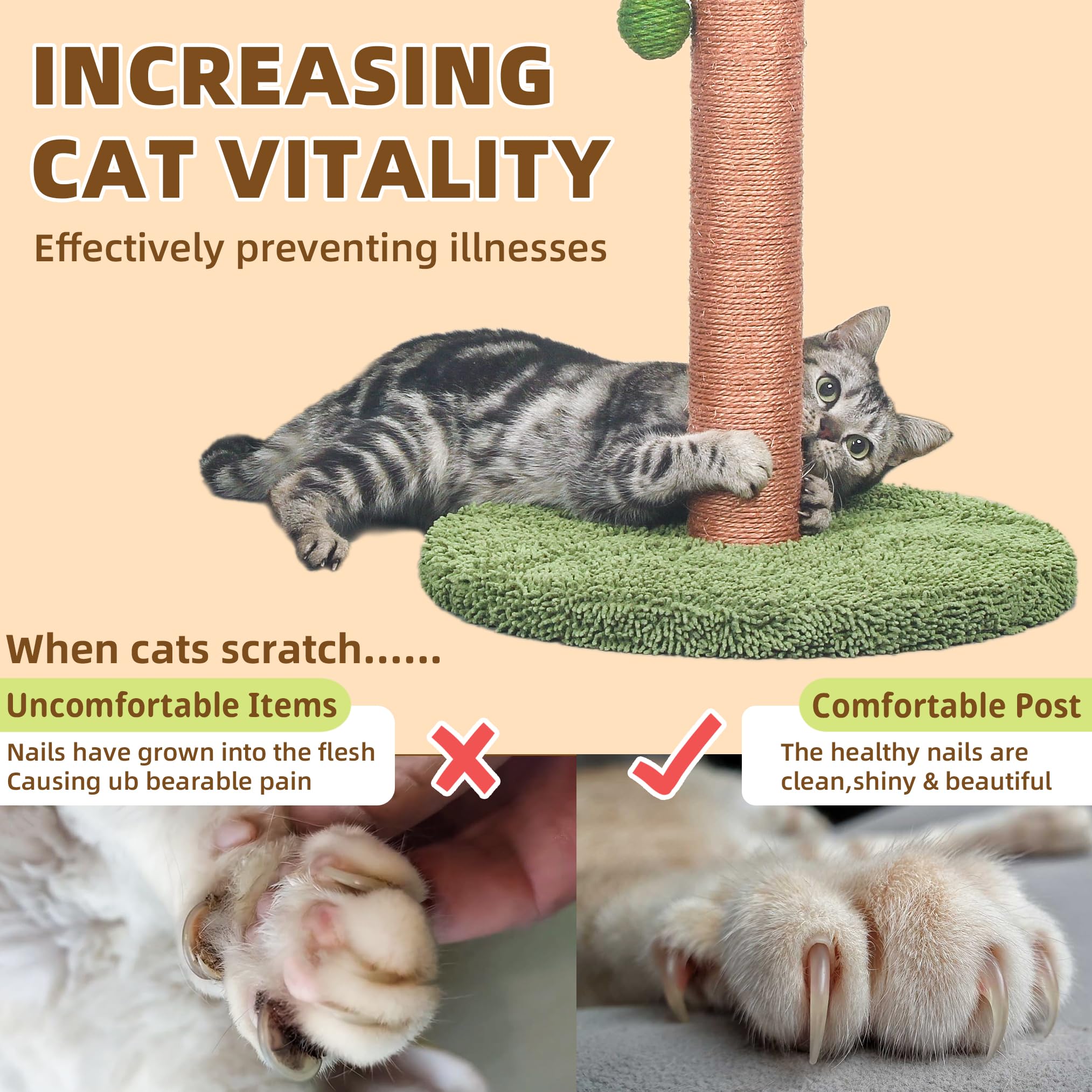 Meowoou Cat Scratching Post for Space-Saving,35” Tall Modern Monstera 3 Layer Cat Tree Tower with Sisal Rope Hanging Interactive Ball for Indoor Cats and Kitten Climbing,Play & Rest