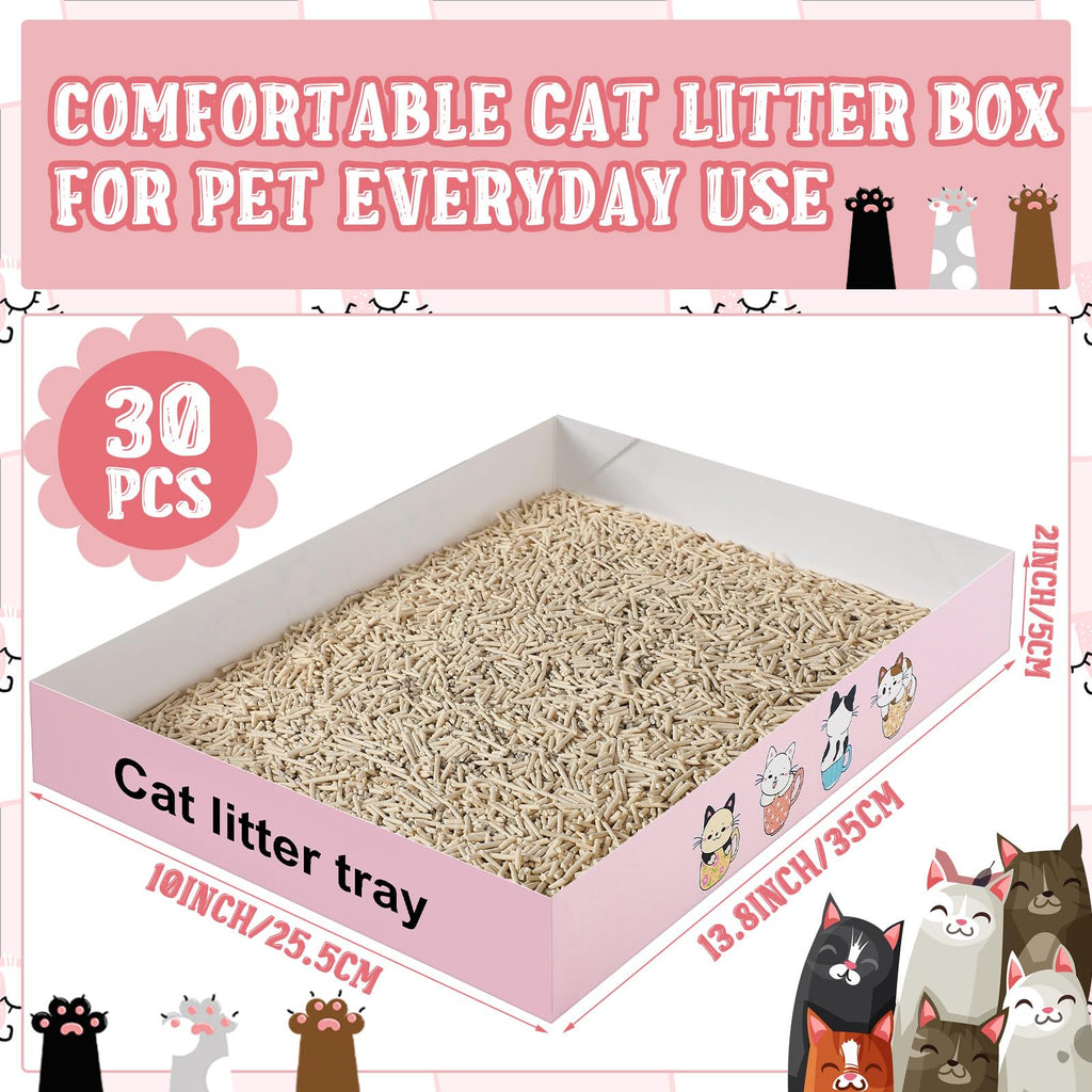 Roshtia 30 Pcs Disposable Cat Litter Box Foldable Paper Kitty Tray 13.8 x 10 x 2 Inch Portable Kitten Boxes Low Entry Waterproof Lightweight Cardboard(Meow,Blue)