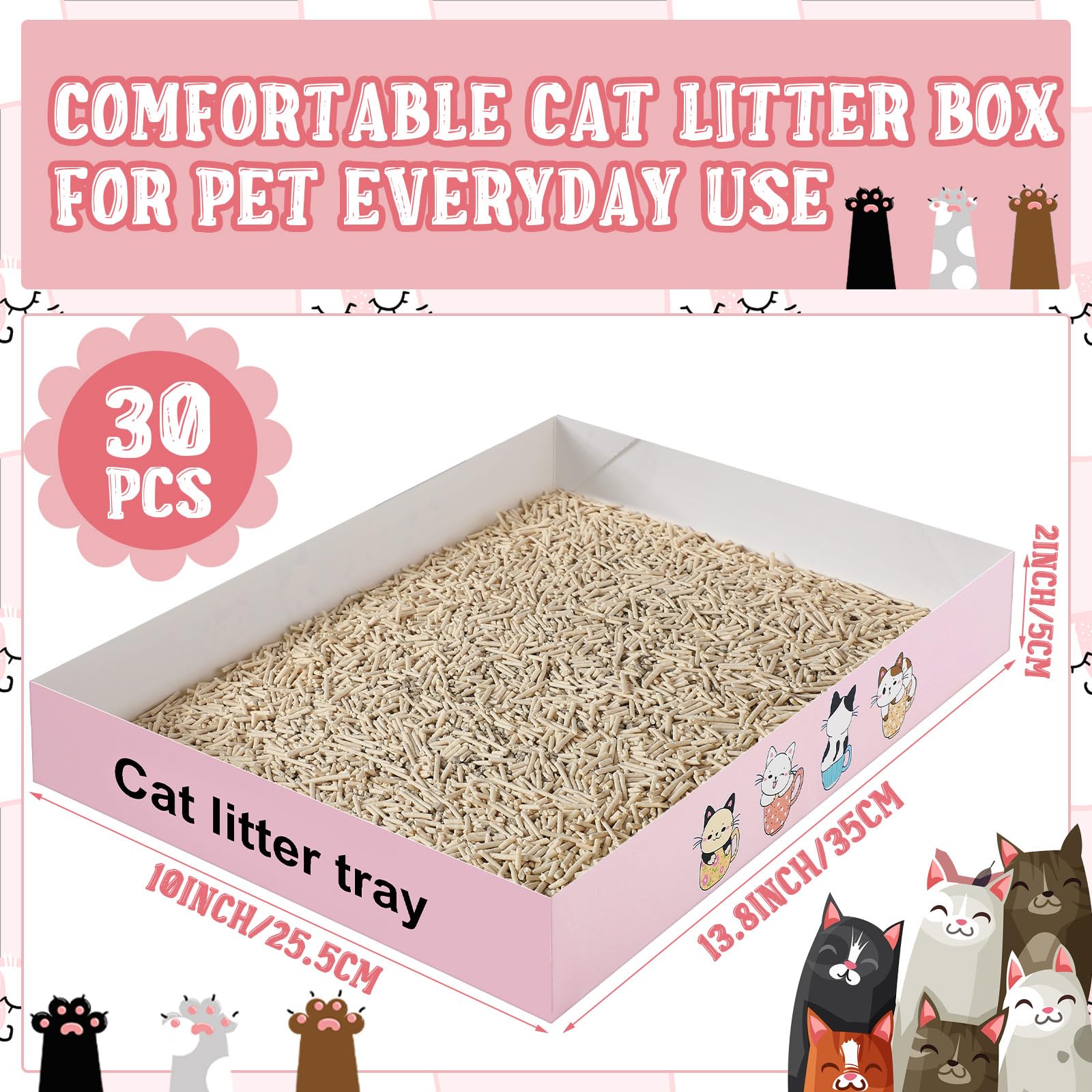 Roshtia 30 Pcs Disposable Cat Litter Box Foldable Paper Kitty Tray 13.8 x 10 x 2 Inch Portable Kitten Boxes Low Entry Waterproof Lightweight Cardboard(Meow,Blue)