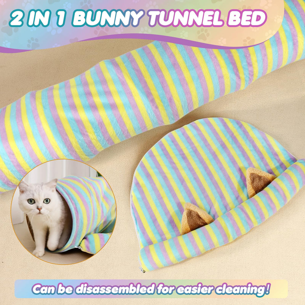 Spardar Bunny Tunnel Bed, 2-in-1 Collapsible Tunnel Tubes Toys, Washable, with Removable Mat Hideout, Interactive Toys for Rabbits Chinchilla Hedgehog Guinea Pigs Kitty, Matcha Green