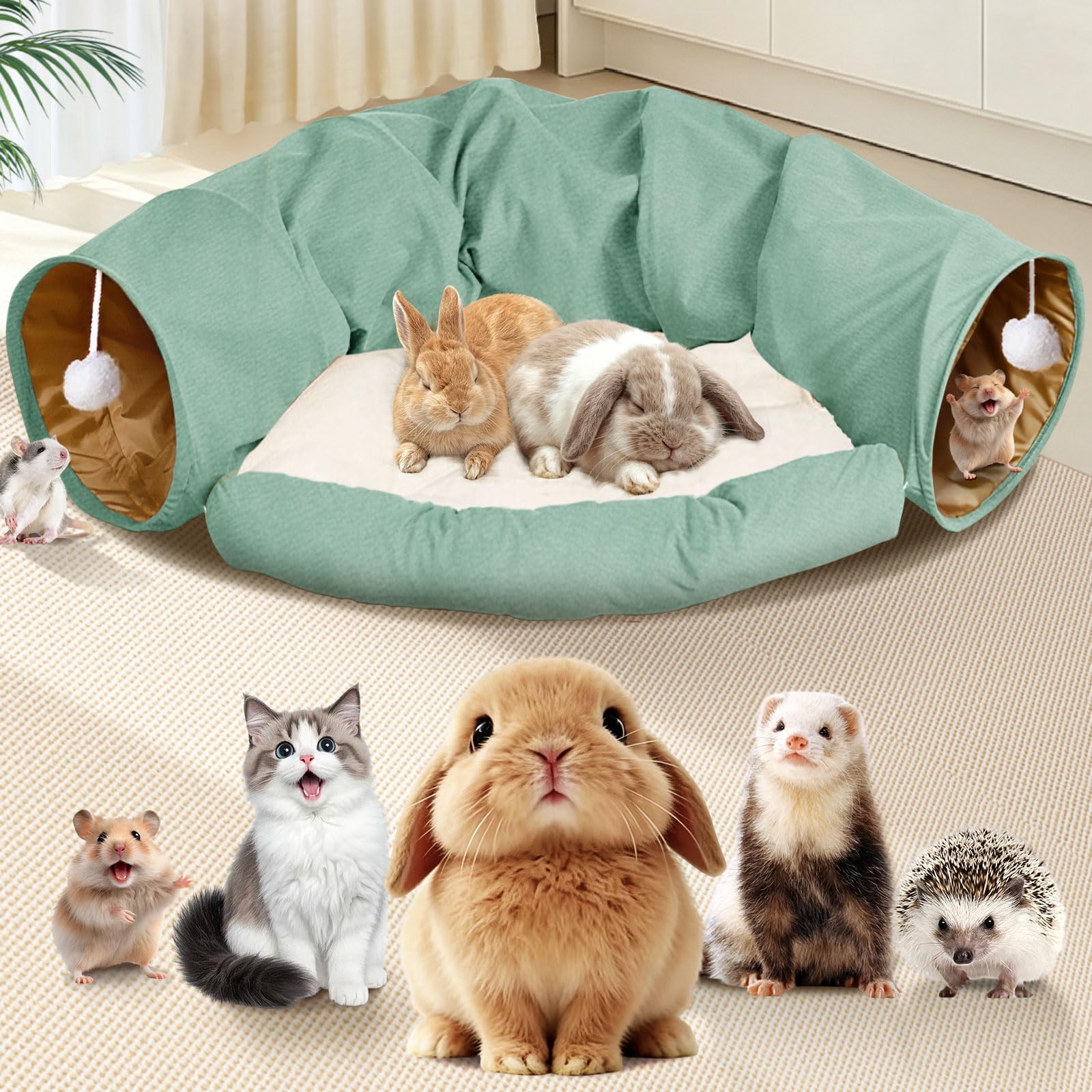Spardar Bunny Tunnel Bed, 2-in-1 Collapsible Tunnel Tubes Toys, Washable, with Removable Mat Hideout, Interactive Toys for Rabbits Chinchilla Hedgehog Guinea Pigs Kitty, Matcha Green