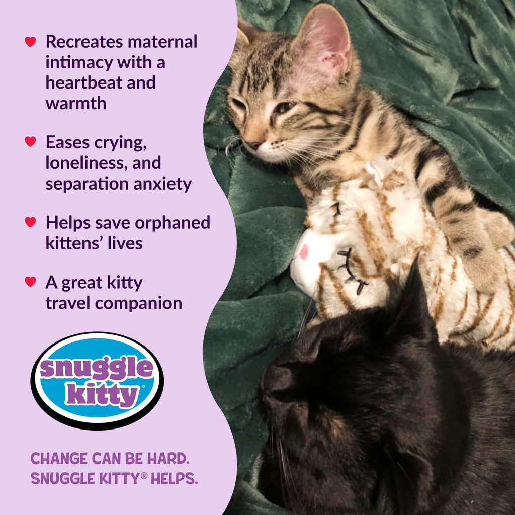Snuggle Kitty Heartbeat Cat Toy for Kittens and Cats with Real-Feel Pulse and Heat Pack, Calming Sleep Aid for Cat Anxiety, New Kitten Essentials - Tan Tiger