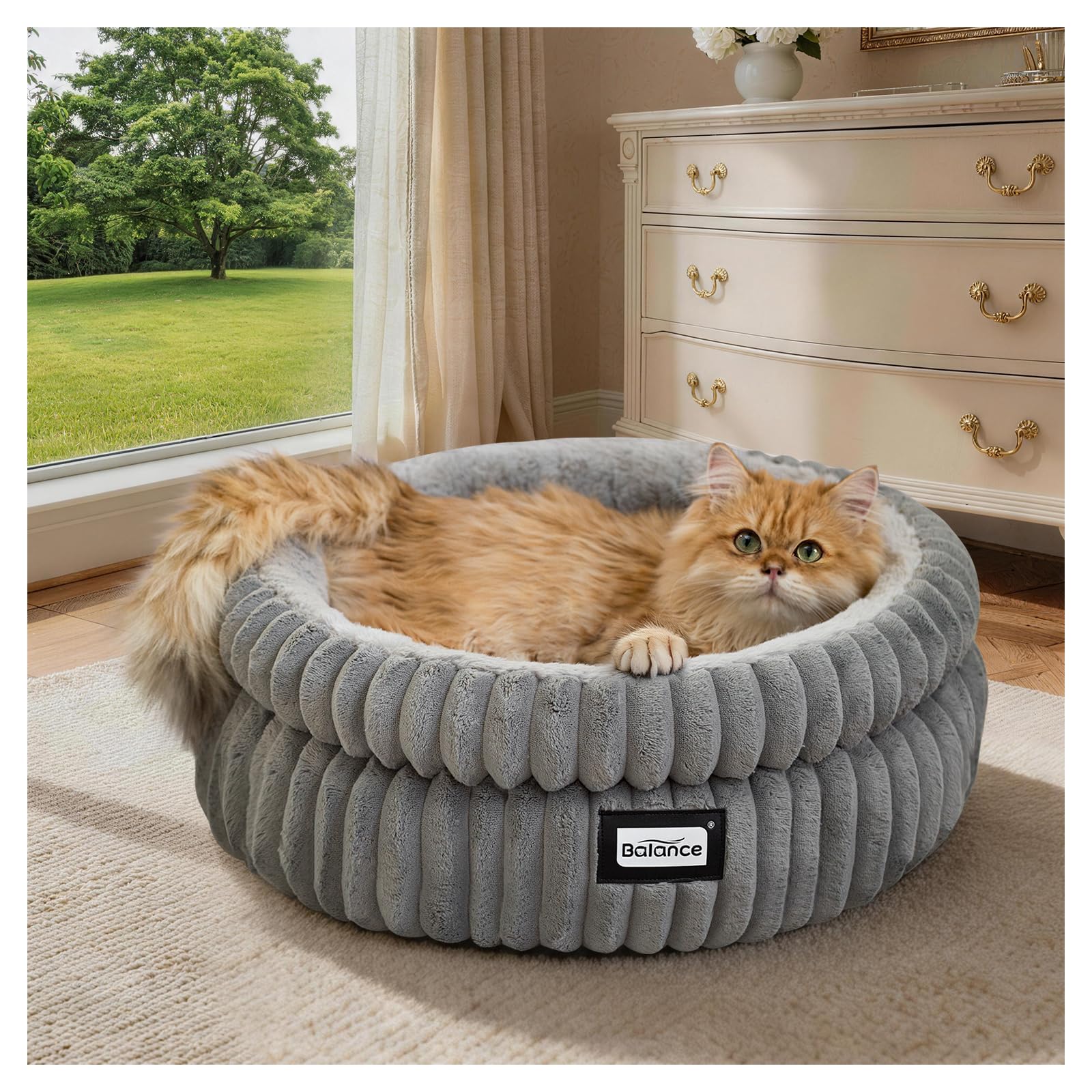 BALANCE Cat Bed Kitten Bed, Washable Round Cat Beds for Indoor Cats,Super Soft Plush Faux Fur Pet Bed for Puppy and Kitten with Anti-Slip Bottom