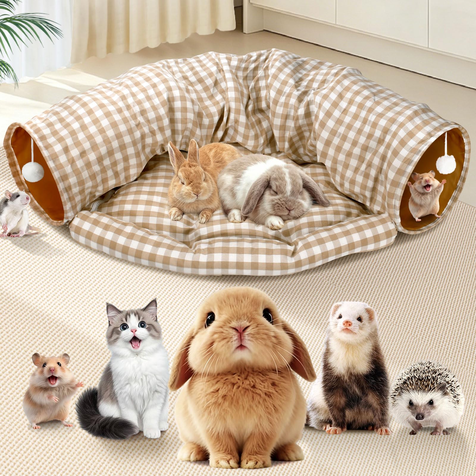 Spardar Bunny Tunnel Bed, 2-in-1 Collapsible Tunnel Tubes Toys, Washable, with Removable Mat Hideout, Interactive Toys for Rabbits Chinchilla Hedgehog Guinea Pigs Kitty, Matcha Green