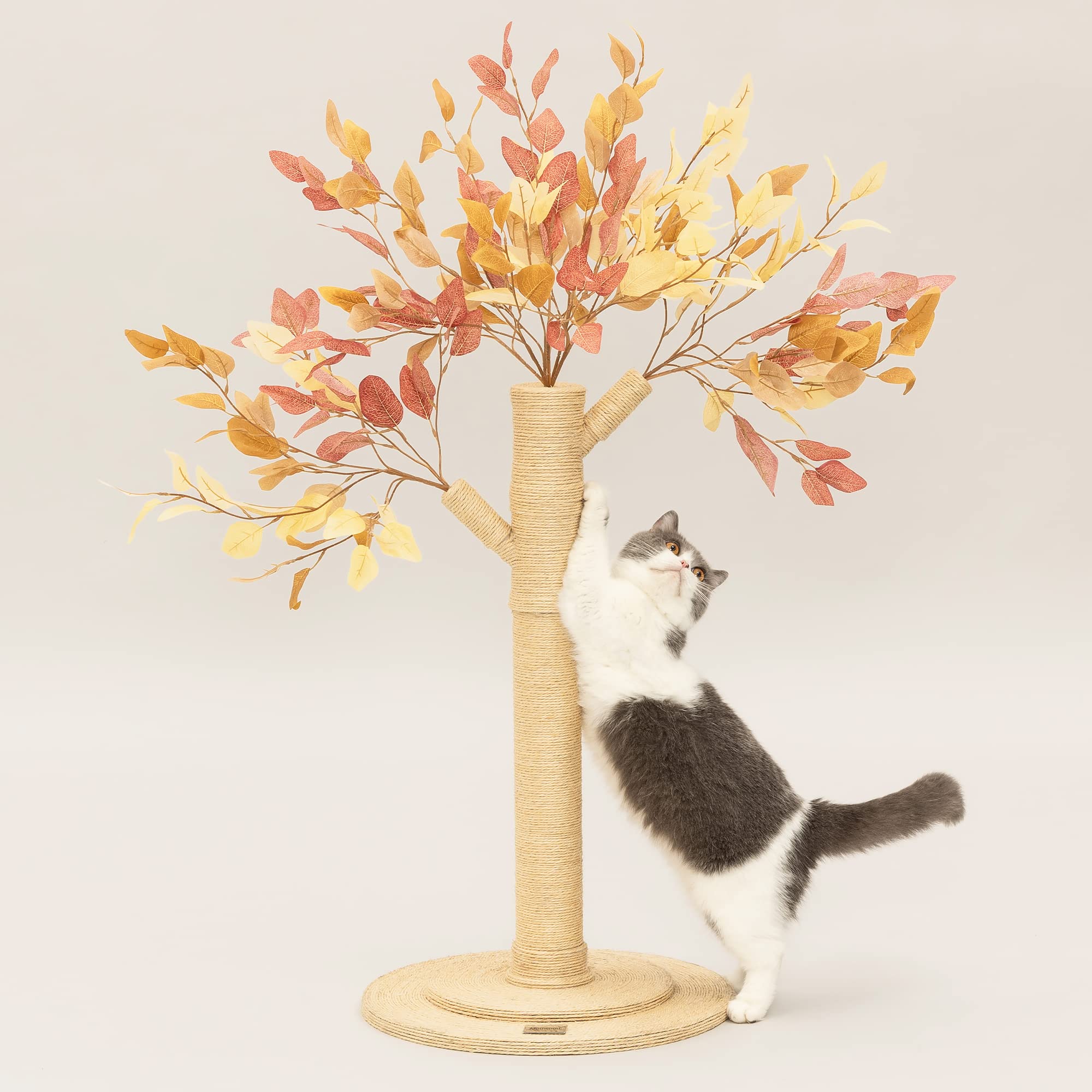 Meowoou Cat Scratching Post for Space-Saving,35” Tall Modern Monstera 3 Layer Cat Tree Tower with Sisal Rope Hanging Interactive Ball for Indoor Cats and Kitten Climbing,Play & Rest