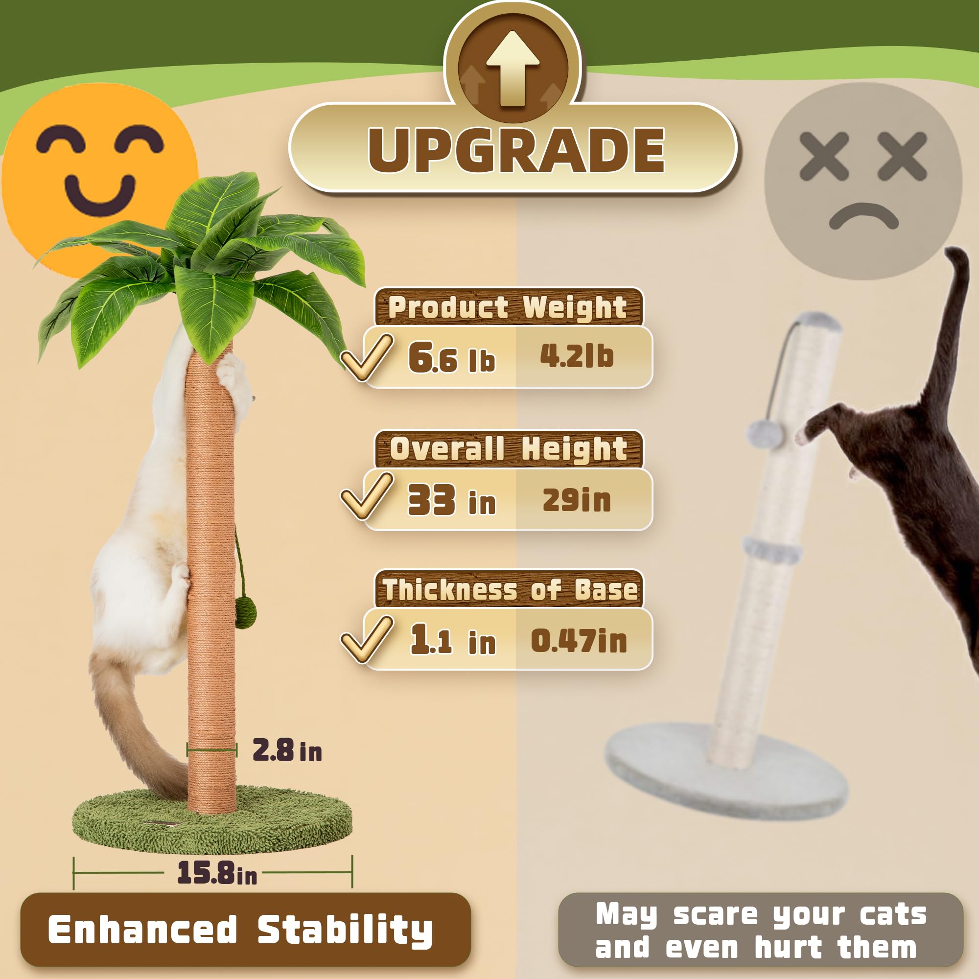 Meowoou Cat Scratching Post for Space-Saving,35” Tall Modern Monstera 3 Layer Cat Tree Tower with Sisal Rope Hanging Interactive Ball for Indoor Cats and Kitten Climbing,Play & Rest