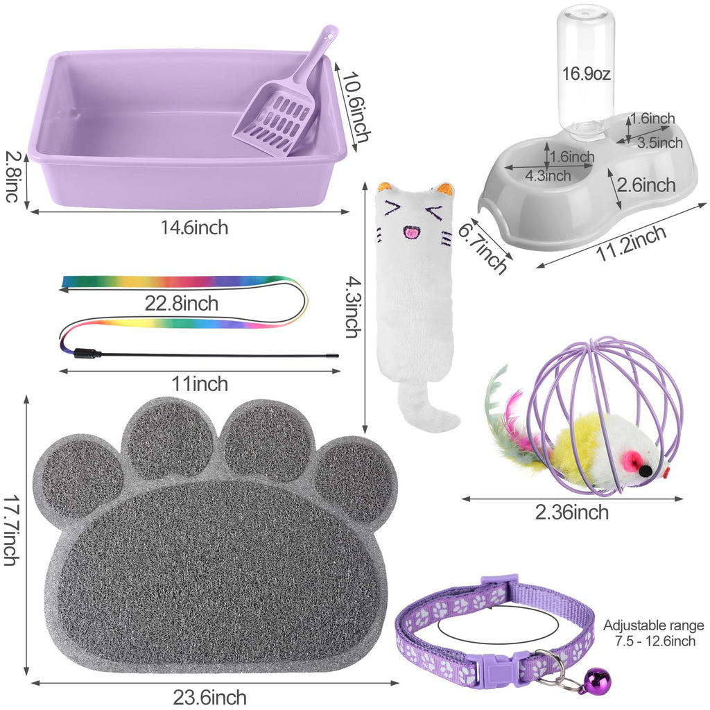 7 Pcs Small Cat Kitten Starter Kit Cat Litter Box with Shovel Paw Litter Mat Double Automatic Kitten Bowls Toy Teaser Stick Collar Essentials Kits for 1-3 Lbs Beginner(Simple,Blue)
