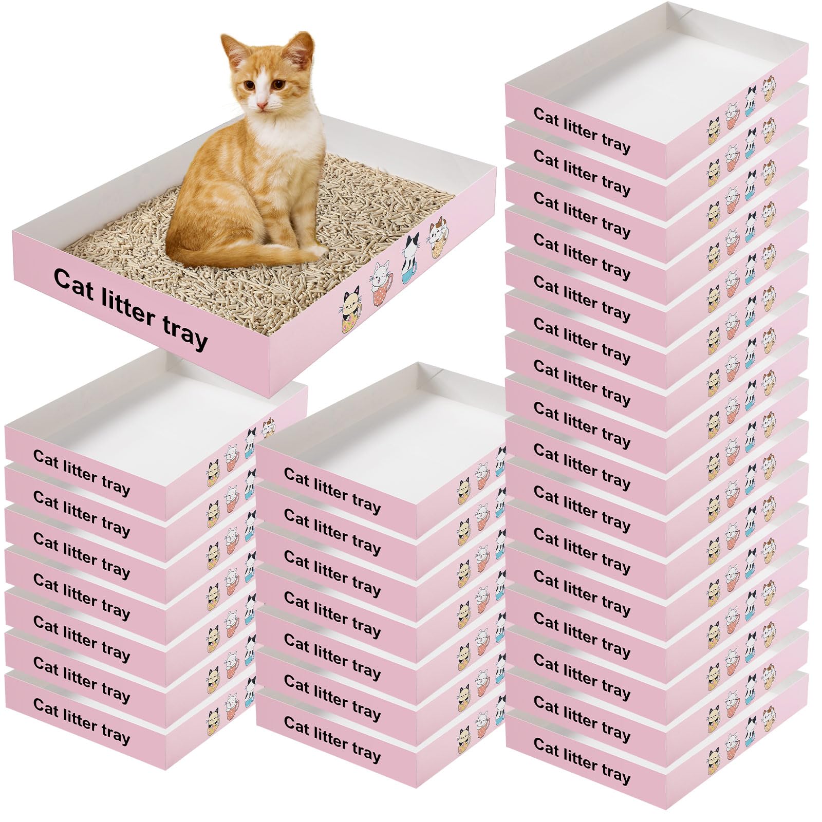 Roshtia 30 Pcs Disposable Cat Litter Box Foldable Paper Kitty Tray 13.8 x 10 x 2 Inch Portable Kitten Boxes Low Entry Waterproof Lightweight Cardboard(Meow,Blue)